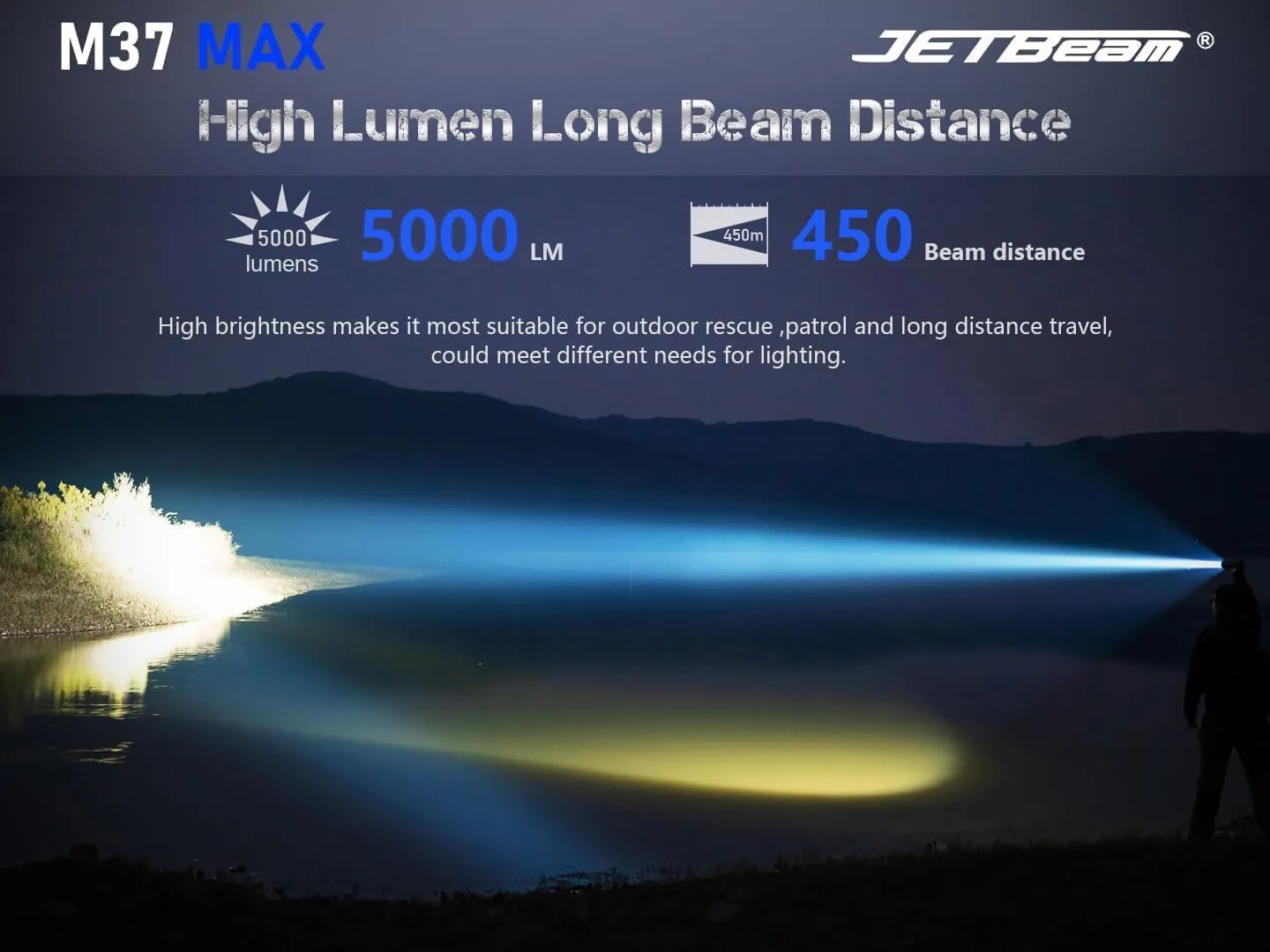 JETBeam Large Size& High Powered Flashlight 5000 High Lumens with 1476 Feet Long Range Thrower, (Without Silicone Traffic Wand, Camouflage, M37 MAX)