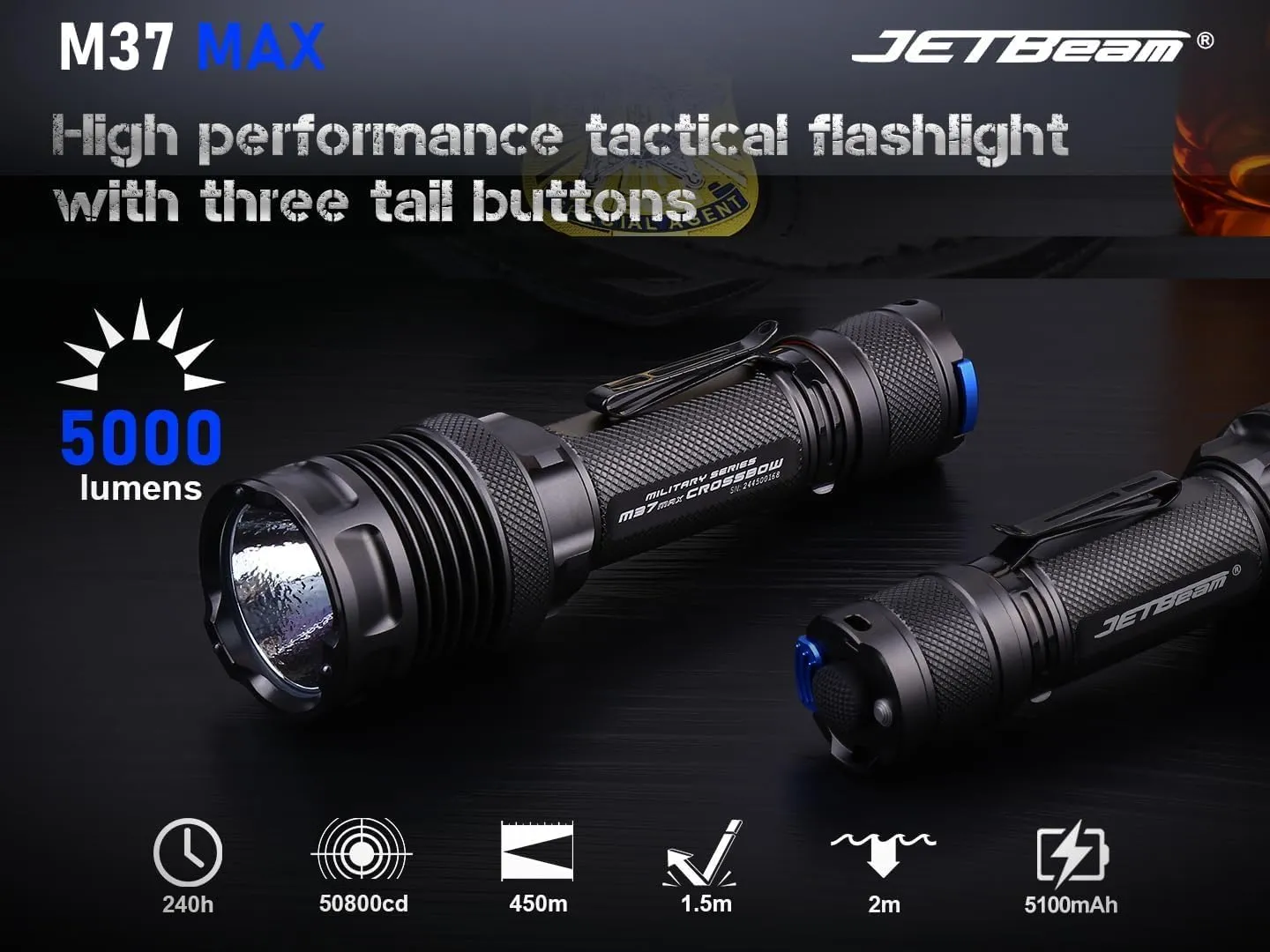JETBeam Large Size& High Powered Flashlight 5000 High Lumens with 1476 Feet Long Range Thrower, (Without Silicone Traffic Wand, Camouflage, M37 MAX)