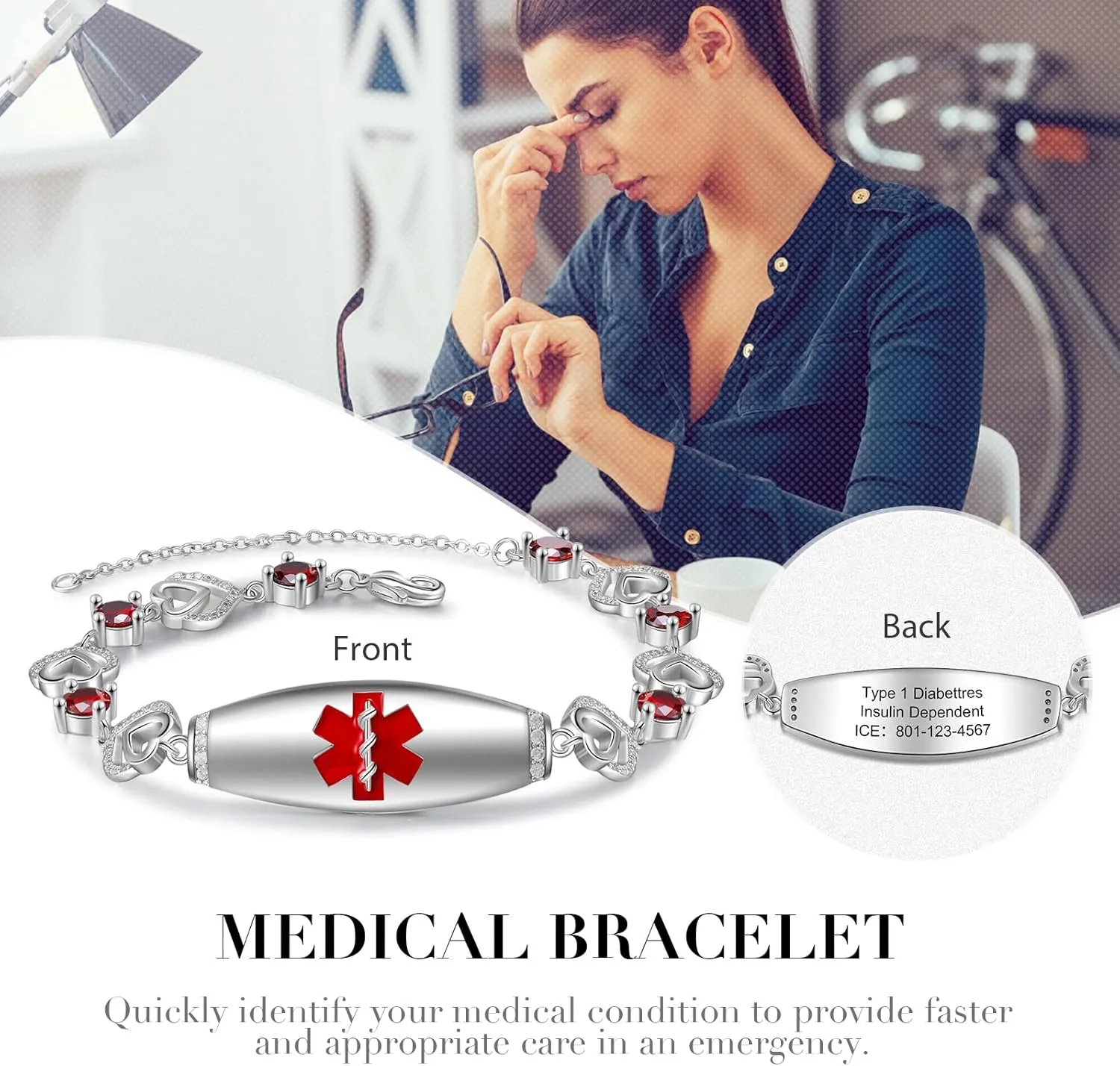 JewelOra Custom Engraved Medical Alert Bracelets for Women, Personalized Emergency Medical Bracelets Adjustable Med Alert Link Bracelet Jewelry(Style 4)