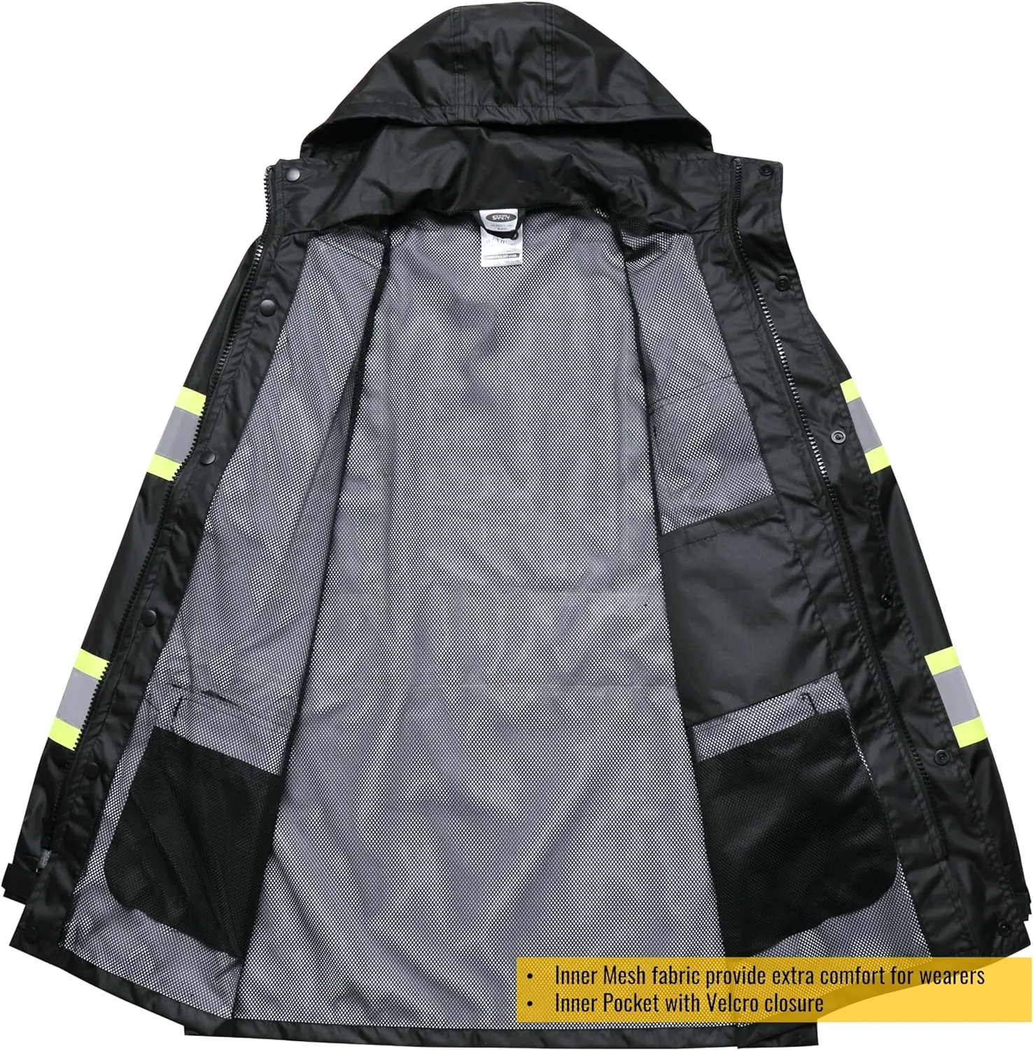 JKSafety Hi-Vis Reflective Safety Rain Jacket and Pants for Men Women Waterproof Rain Gears for Farming Fishing Work HV Rain Suit with Inner Mesh Lining and Pockets (117-Black M)