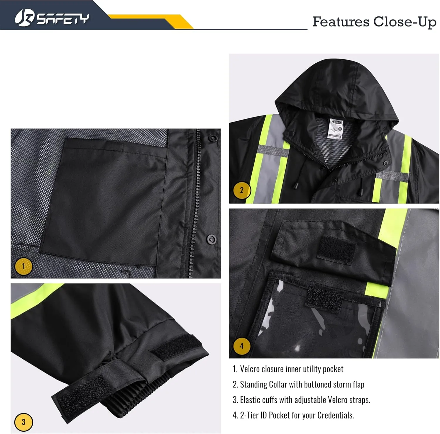 JKSafety Hi-Vis Reflective Safety Rain Jacket and Pants for Men Women Waterproof Rain Gears for Farming Fishing Work HV Rain Suit with Inner Mesh Lining and Pockets (117-Black M)