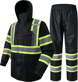 JKSafety Hi-Vis Reflective Safety Rain Jacket and Pants for Men Women Waterproof Rain Gears for Farming Fishing Work HV Rain Suit with Inner Mesh Lining and Pockets (117-Black M)