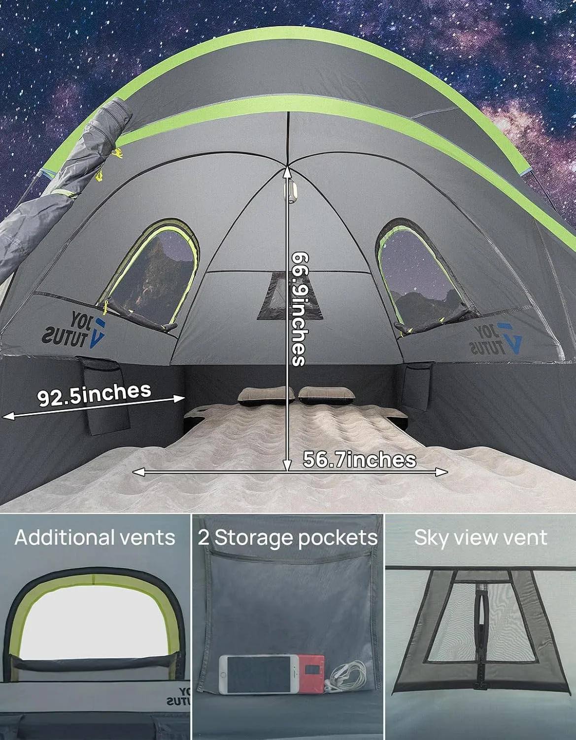 JOYTUTUS Pickup Truck Tent 6.0ft, Waterproof PU2000mm Double Layer for 2 Person, Portable Truck Bed Tent with Rainfly - Green, Aluminum Pole