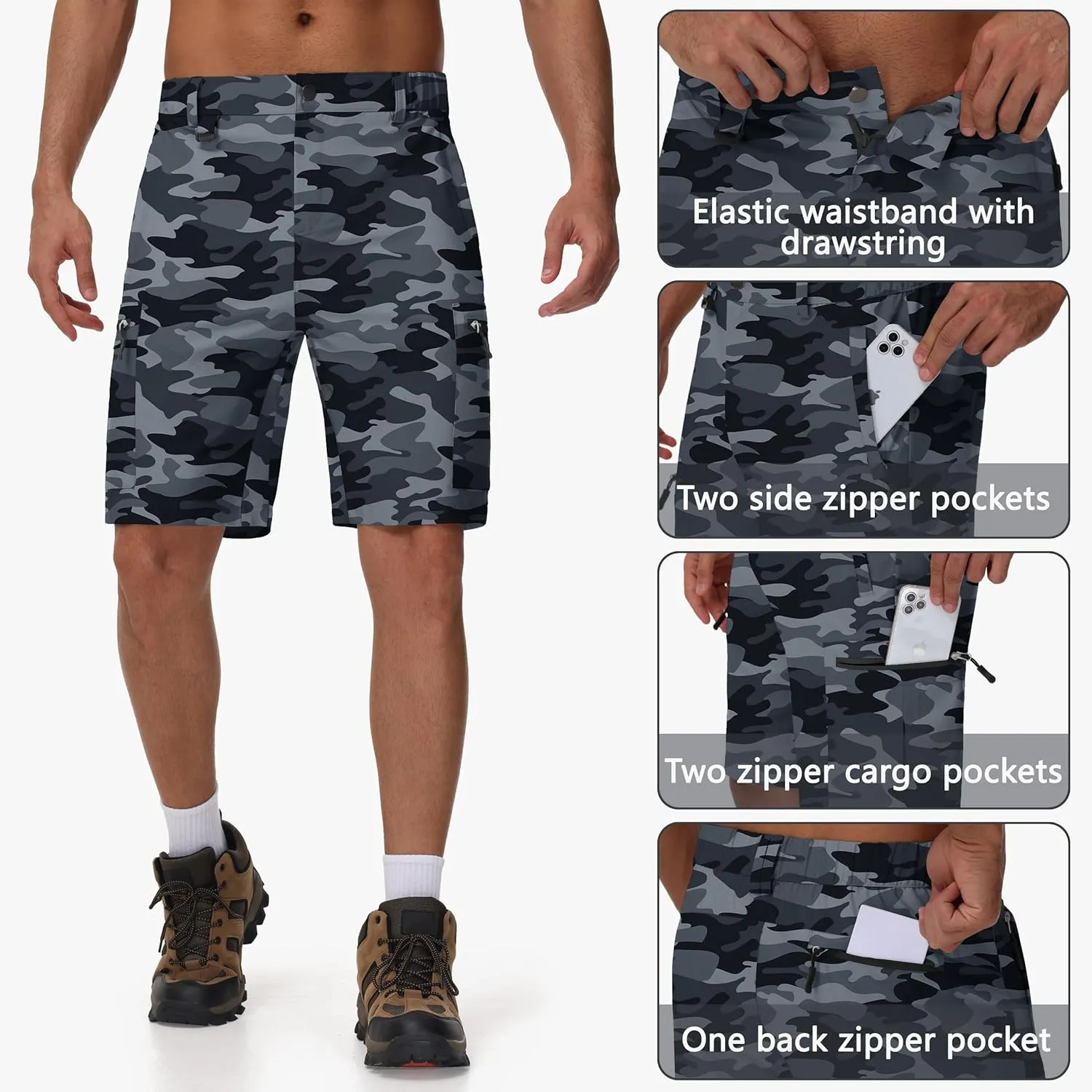JWM Men's 9" Hiking Cargo Shorts - Lightweight Stretch Qucik Dry Casual Travel Golf Work Fishing Shorts with 5 Zipper Pockets