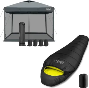 KAMPKEEPER 10x10 Pop Up Canopy with Mosquito Netting, Screen Tent with Mesh Sides(Dark Grey) Mummy Sleeping Bag for Adults,3-4 Seasons Cold Weather(Black & Yellow)