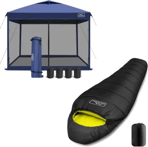 KAMPKEEPER 10x10 Pop Up Canopy with Mosquito Netting, Screen Tent with Mesh Sides(Navy Blue) Mummy Sleeping Bag for Adults,3-4 Seasons Cold Weather(Black & Yellow)