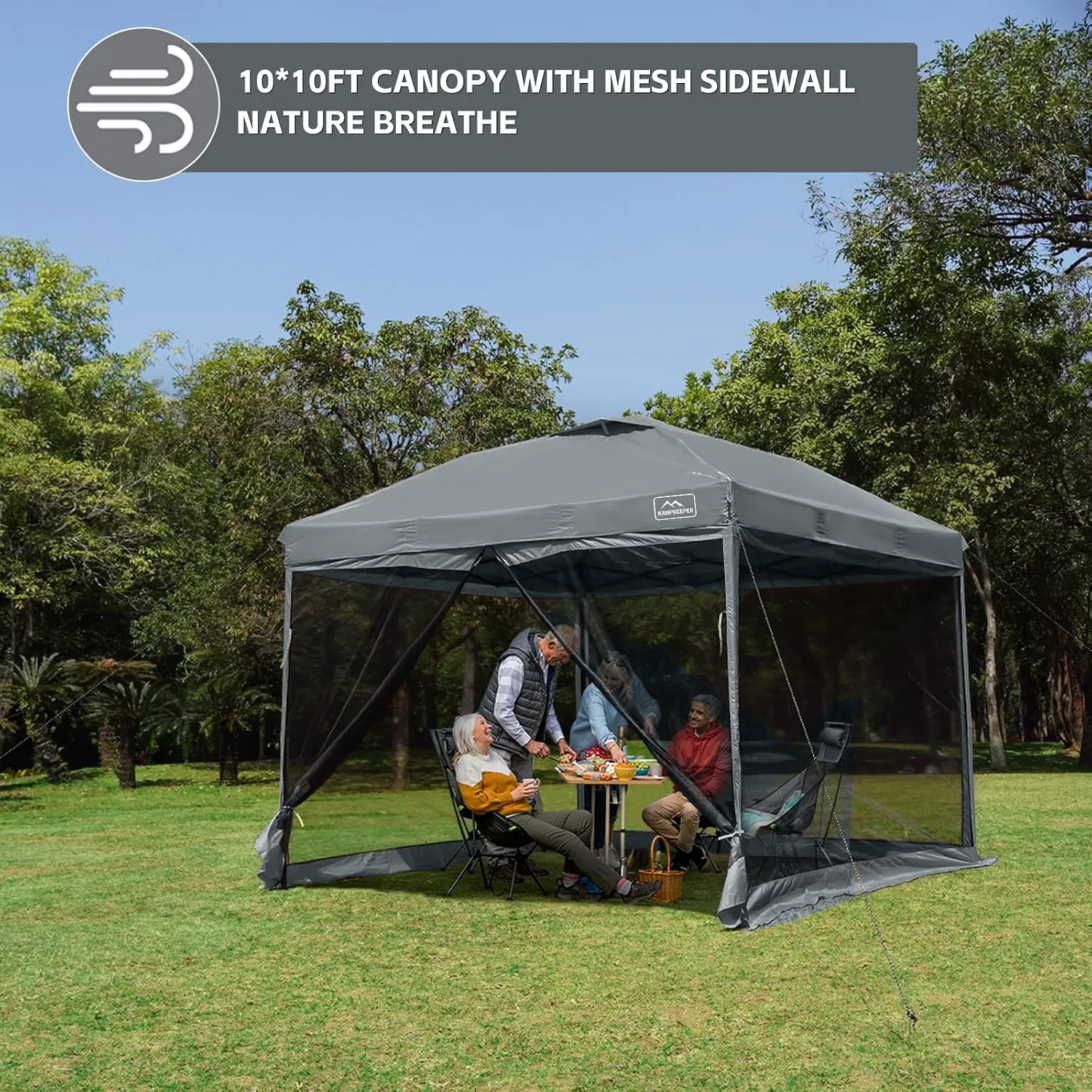 KAMPKEEPER 10x10 Pop Up Canopy with Mosquito Netting,Instant Outdoor Screen Tent Sun Shade for Events Patio Camping Picnic,Gazebo with 4 Sandbags,1 Wheeled Bag(Dark Grey)