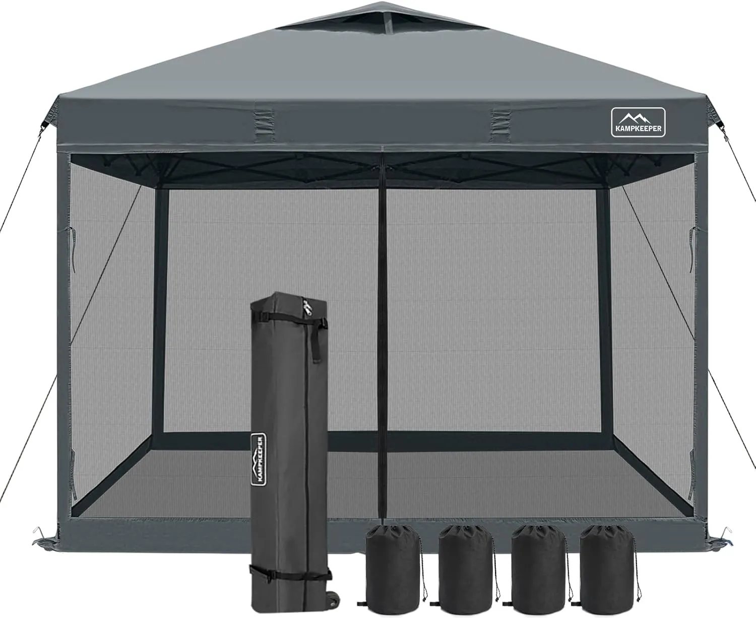 KAMPKEEPER 10x10 Pop Up Canopy with Mosquito Netting,Instant Outdoor Screen Tent Sun Shade for Events Patio Camping Picnic,Gazebo with 4 Sandbags,1 Wheeled Bag(Dark Grey)