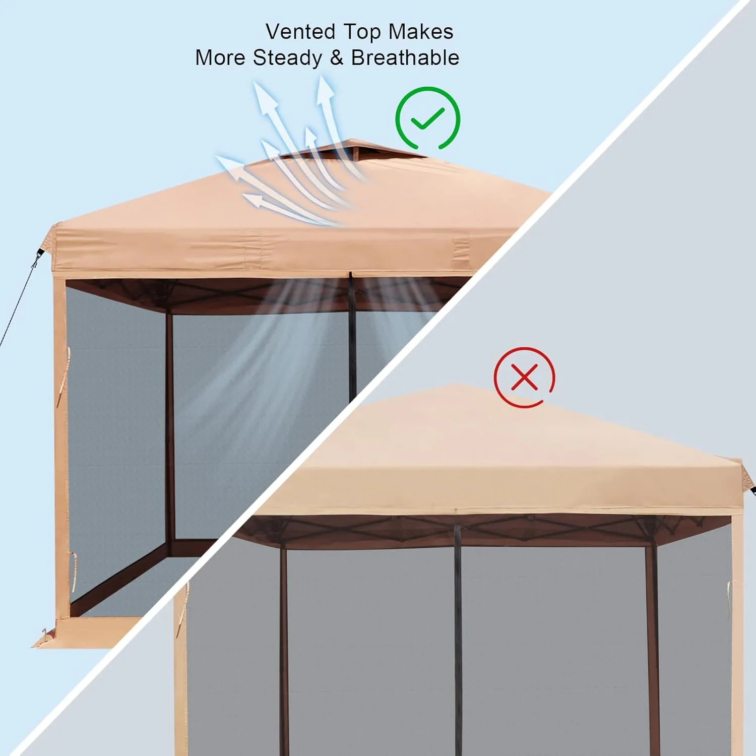 KAMPKEEPER 10x10 Pop Up Canopy with Mosquito Netting,Instant Outdoor Screen Tent Sun Shade for Events Patio Camping Picnic,Gazebo with 4 Sandbags,1 Wheeled Bag(Khaki)