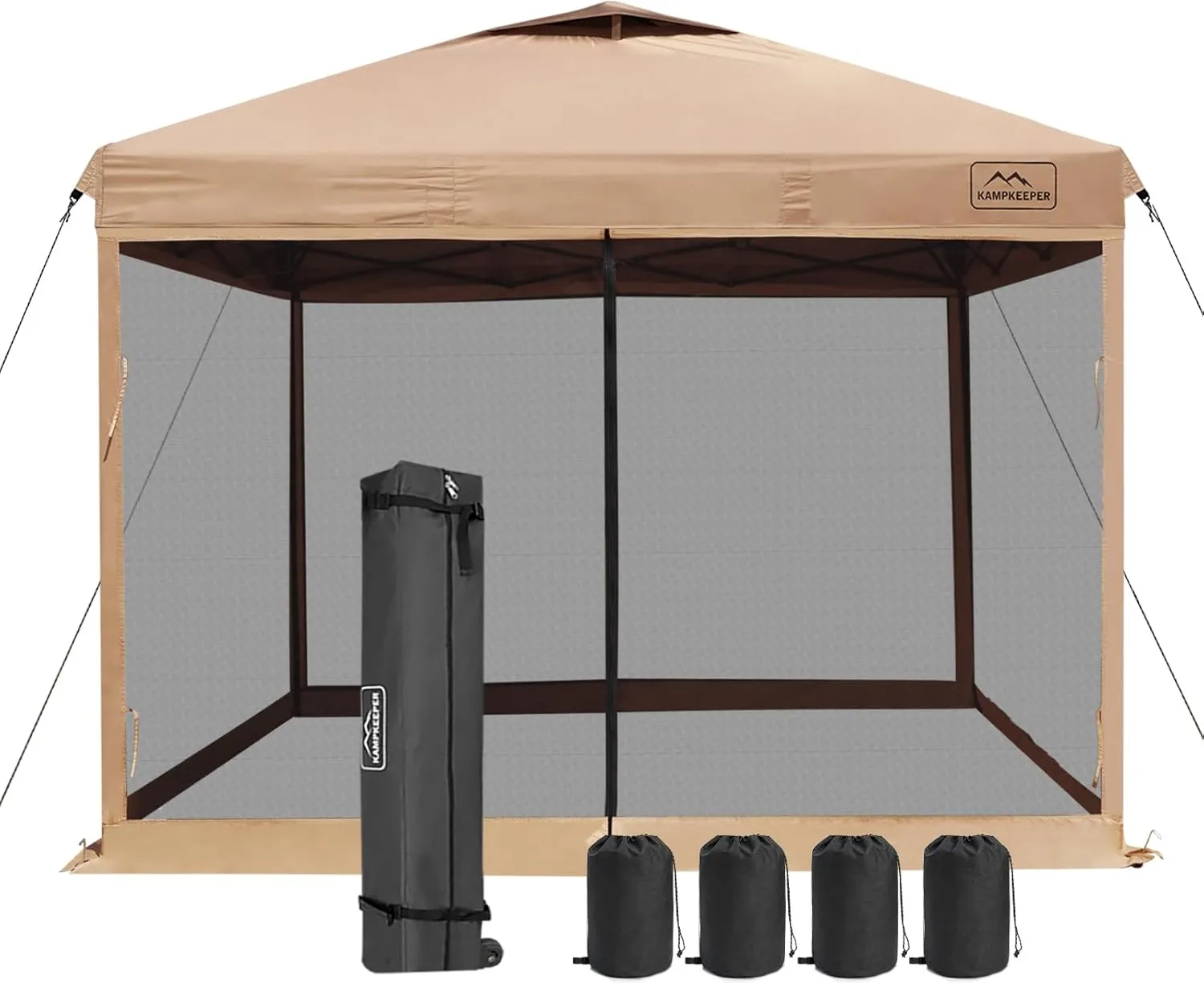 KAMPKEEPER 10x10 Pop Up Canopy with Mosquito Netting,Instant Outdoor Screen Tent Sun Shade for Events Patio Camping Picnic,Gazebo with 4 Sandbags,1 Wheeled Bag(Khaki)