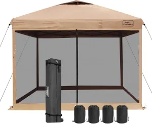 KAMPKEEPER 10x10 Pop Up Canopy with Mosquito Netting,Instant Outdoor Screen Tent Sun Shade for Events Patio Camping Picnic,Gazebo with 4 Sandbags,1 Wheeled Bag(Khaki)