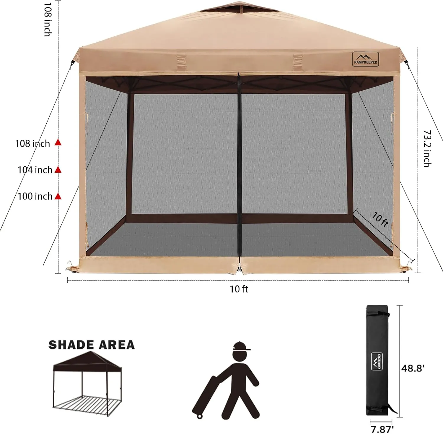 KAMPKEEPER 10x10 Pop Up Canopy with Mosquito Netting,Instant Outdoor Screen Tent Sun Shade for Events Patio Camping Picnic,Gazebo with 4 Sandbags,1 Wheeled Bag(Khaki)