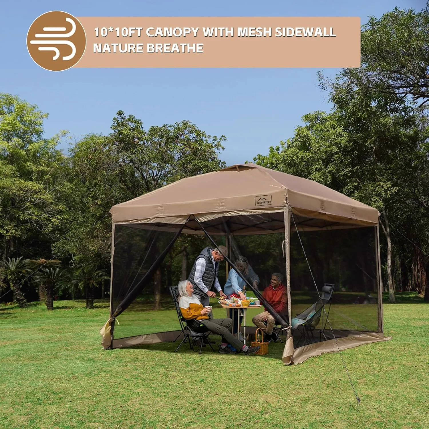 KAMPKEEPER 10x10 Pop Up Canopy with Mosquito Netting,Instant Outdoor Screen Tent Sun Shade for Events Patio Camping Picnic,Gazebo with 4 Sandbags,1 Wheeled Bag(Khaki)