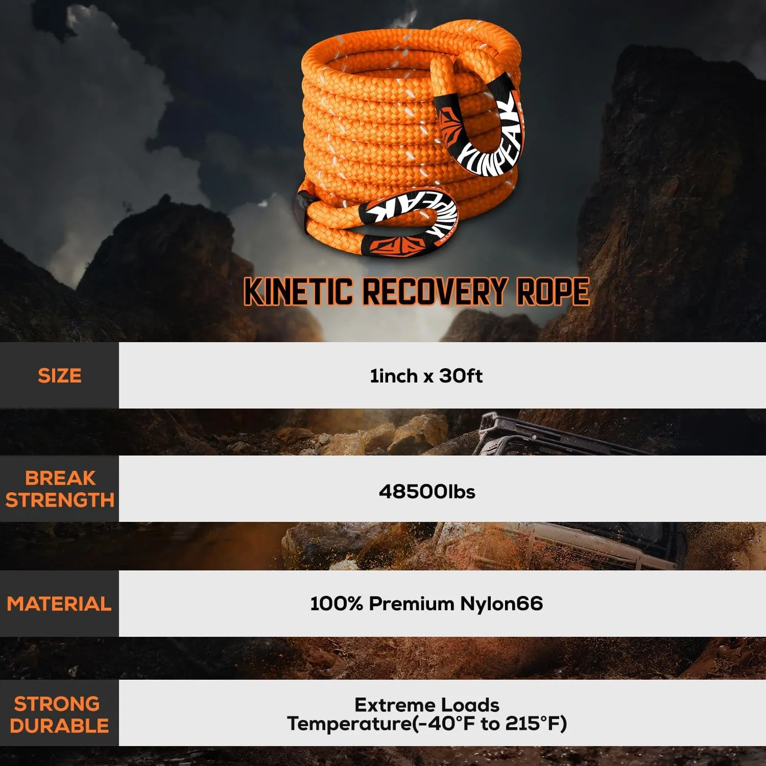 Kinetic Recovery Rope (1in x 30ft - 48,500Lbs) Extreme Duty 35% Elasticity Energy Snatch Rope, Off Road Recovery Kit Kinetic Tow Rope for UTV, ATV, SUV,Trucks (Orange)
