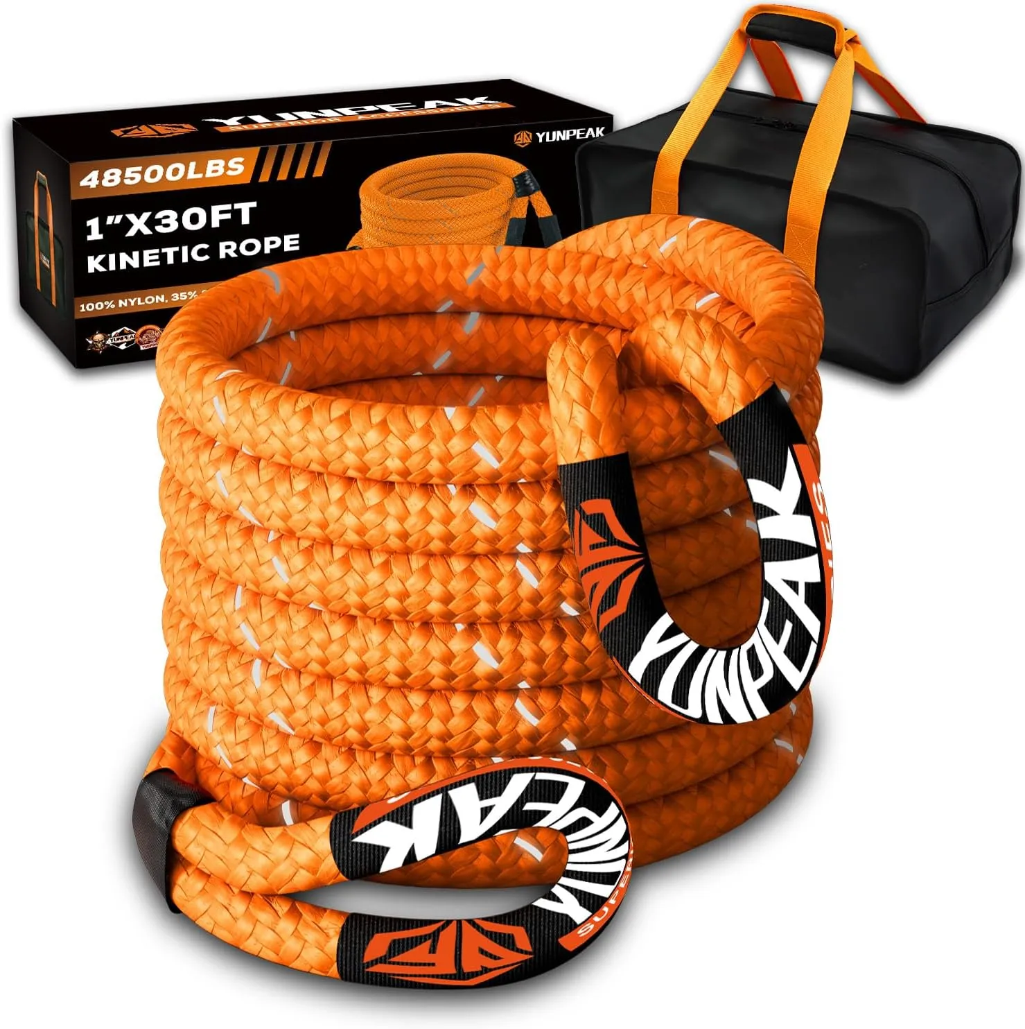 Kinetic Recovery Rope (1in x 30ft - 48,500Lbs) Extreme Duty 35% Elasticity Energy Snatch Rope, Off Road Recovery Kit Kinetic Tow Rope for UTV, ATV, SUV,Trucks (Orange)