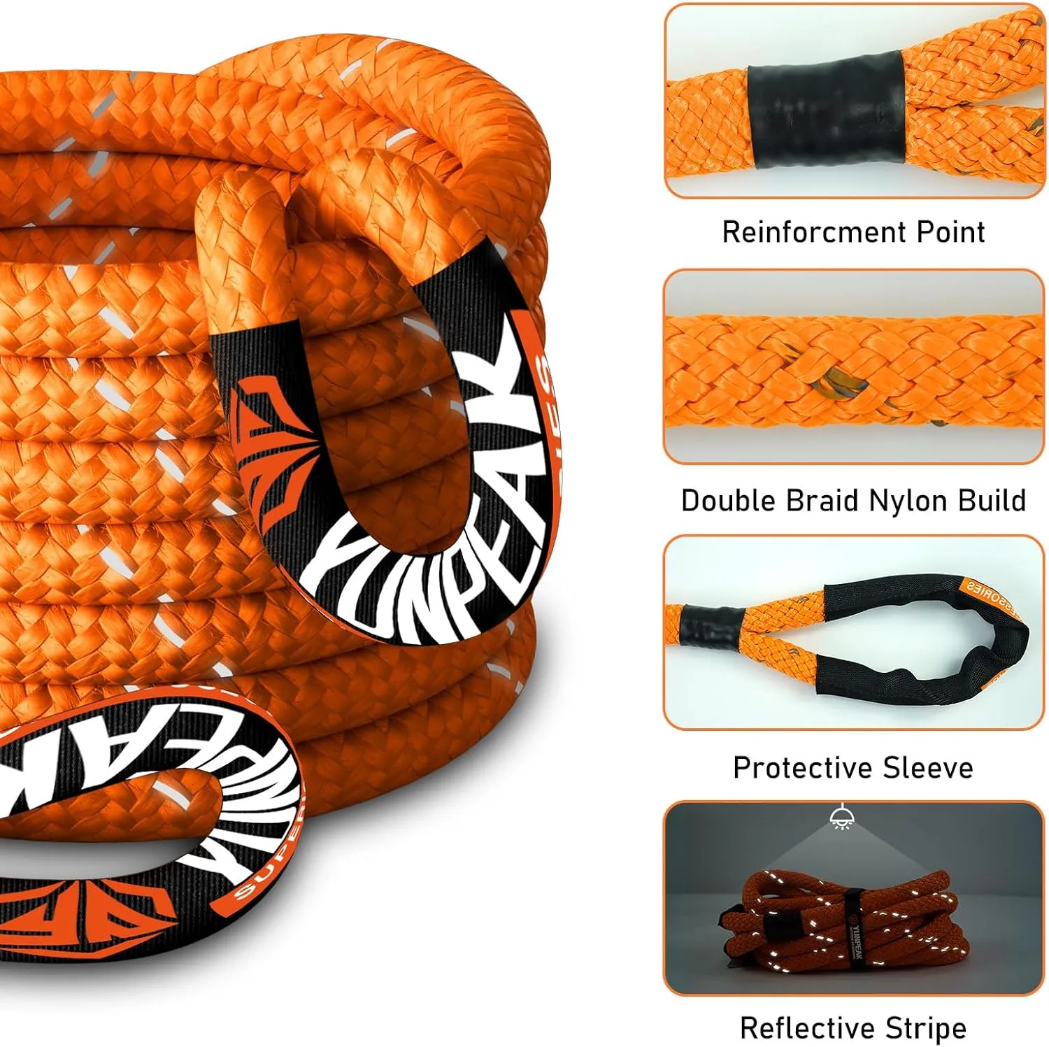 Kinetic Recovery Rope (1in x 30ft - 48,500Lbs) Extreme Duty 35% Elasticity Energy Snatch Rope, Off Road Recovery Kit Kinetic Tow Rope for UTV, ATV, SUV,Trucks (Orange)