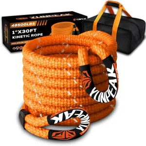 Kinetic Recovery Rope (1in x 30ft - 48,500Lbs) Extreme Duty 35% Elasticity Energy Snatch Rope, Off Road Recovery Kit Kinetic Tow Rope for UTV, ATV, SUV,Trucks (Orange)