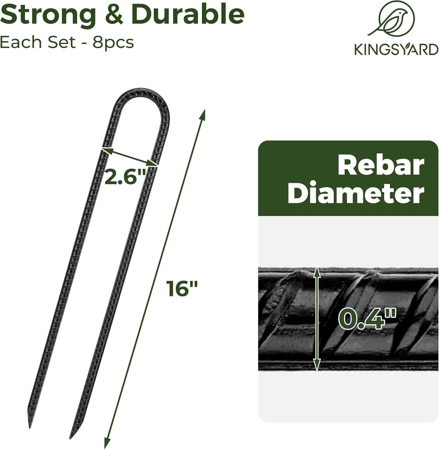 Kingsyard 8 Pack 16 Inch Trampolines Wind Stakes, 0.4 Inch Diameter 2.6 inche Wide Galvanized Steel U Hook Rebar Stakes, Multi-Purpose Heavy Duty Ground Anchors for Tent, Fences, Swing, Landscape