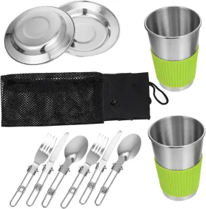 Kisangel 1 Set Portable Stainless Steel Tableware Set for Camping Hiking Travel Lightweight Utensils Compact Cutlery Kit for Outdoor Dining Picnics