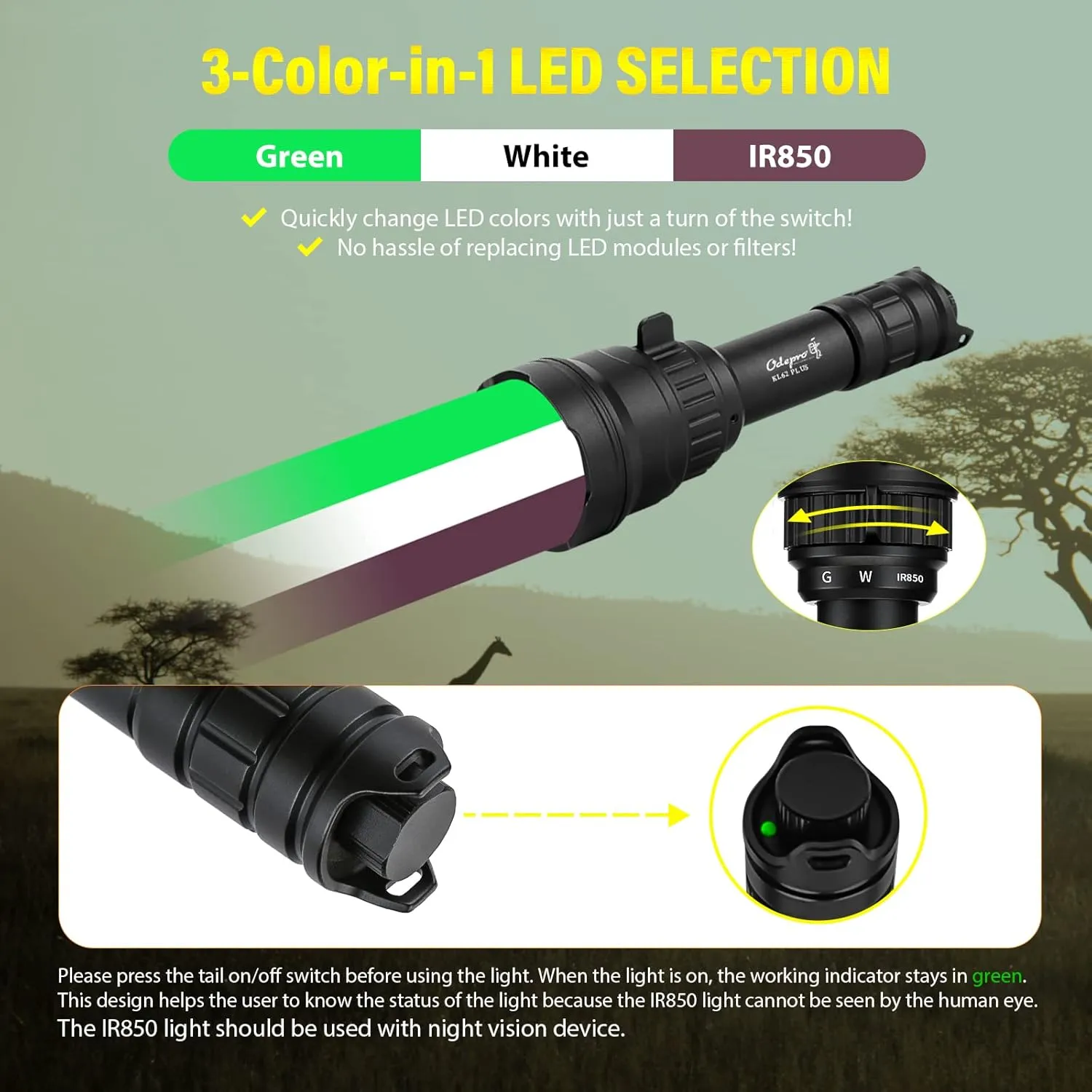 KL62Plus Green White IR850 Zoomable Hunting Light 850nm Long Range IR Illuminator for Night Vision Scope Mount Infrared Flashlight with Stepless Dimming Switch for Hog Coyote Predator Hunting