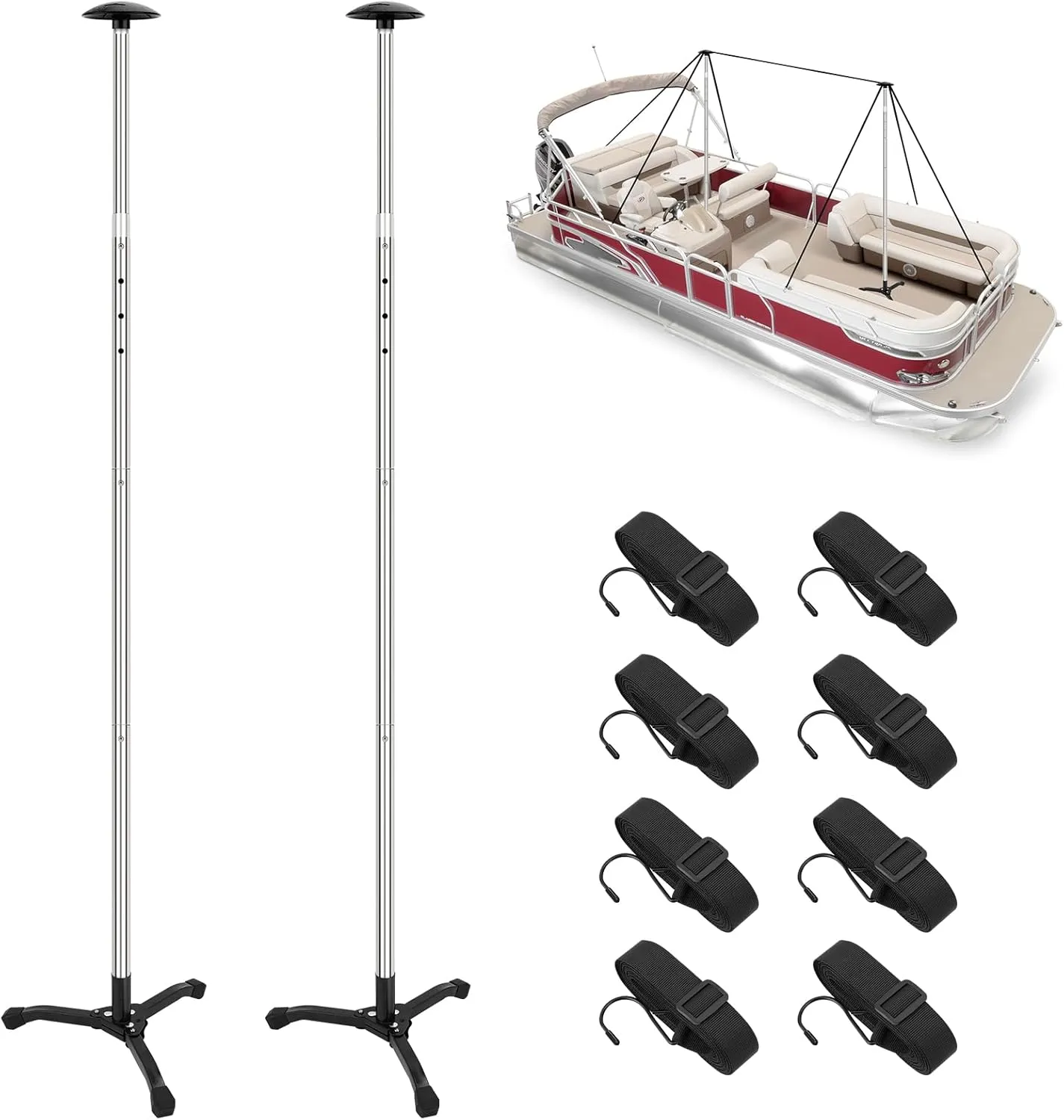 KOMCLUB Boat Cover Support Poles 2 Pcs -Adjustable Stainless Steel Support Rod with 8 Ropes and Triangular Iron Stable ABS Base Maximum Adjustable 61 inch for Pontoon/Jon Boat Cover/Bimini Tops