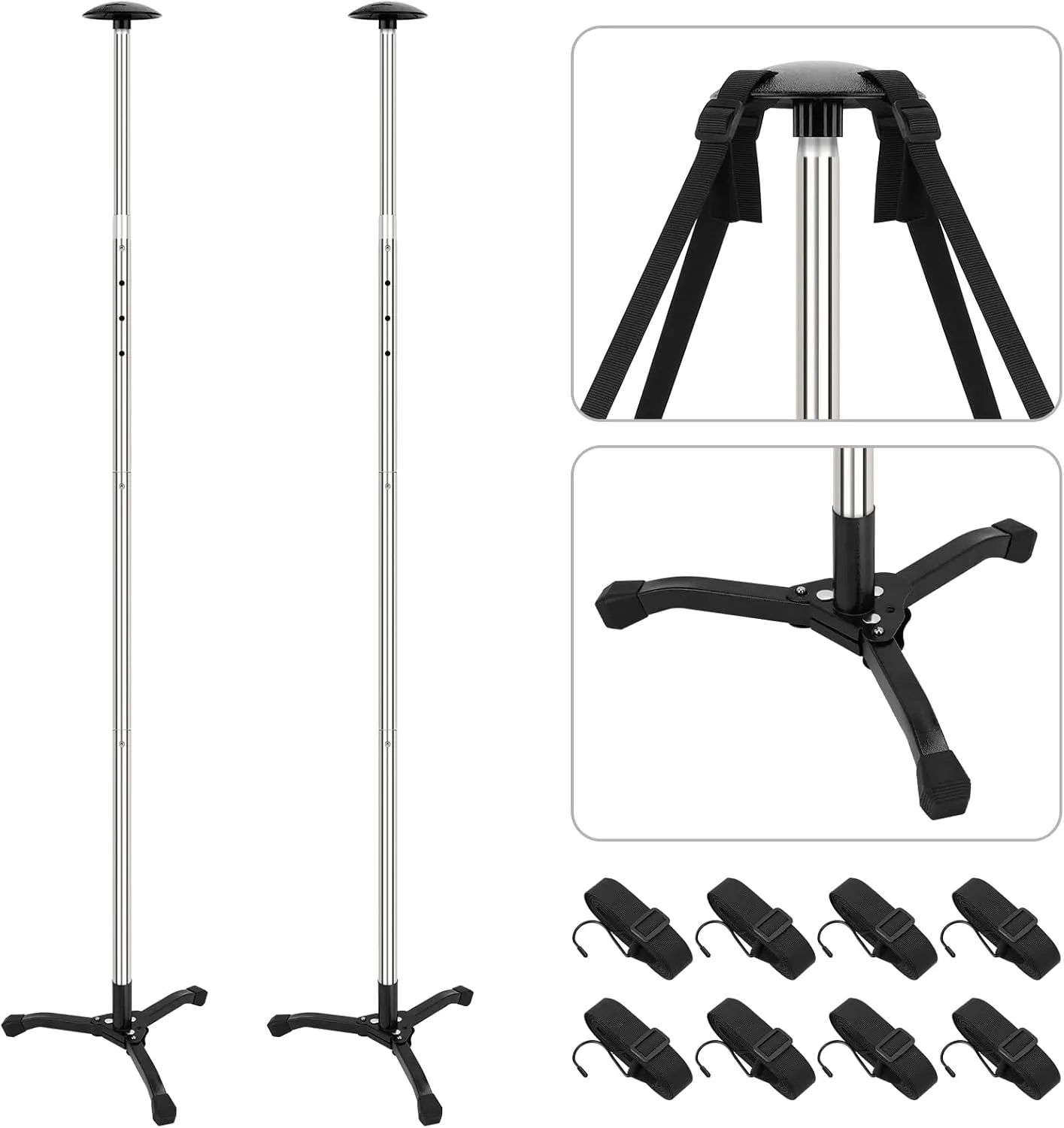 KOMCLUB Boat Cover Support Poles 2 Pcs -Adjustable Stainless Steel Support Rod with 8 Ropes and Triangular Iron Stable ABS Base Maximum Adjustable 61 inch for Pontoon/Jon Boat Cover/Bimini Tops