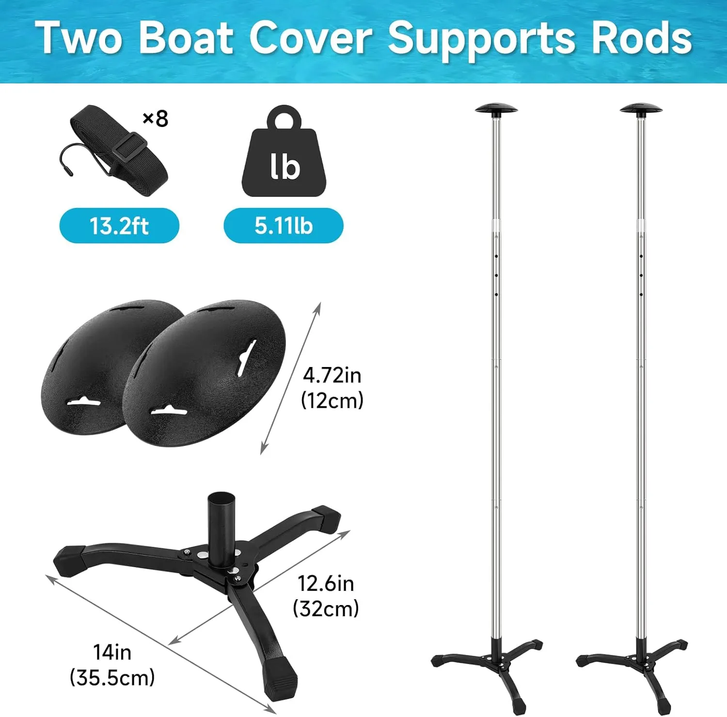 KOMCLUB Boat Cover Support Poles 2 Pcs -Adjustable Stainless Steel Support Rod with 8 Ropes and Triangular Iron Stable ABS Base Maximum Adjustable 61 inch for Pontoon/Jon Boat Cover/Bimini Tops