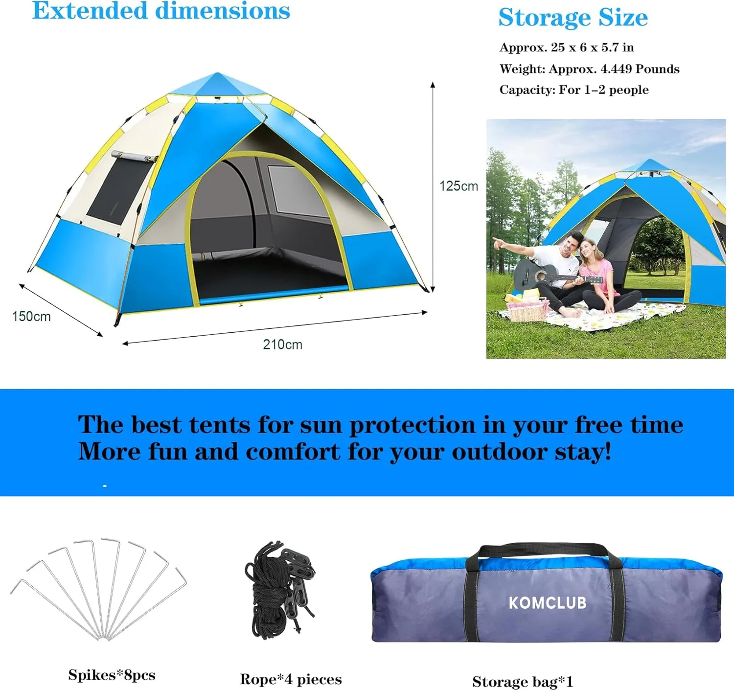 KOMCLUB Camping Tent 1/2/3 Person Tents for Family Camp Tent Waterproof Windproof Outdoor for Backpacking Hiking Easy Setup with Storage Bag,8 Ground ding,4 Windproof Rope