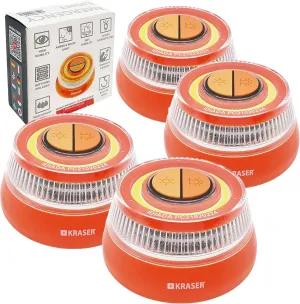 KRASER KR4V16NP4 Pack 4 Road Flares, Emergency Disc Beacon Light, Safety Flashing Warning Light with Magnetic Base, Autonomous, Compact and Lightweight & Lantern with Hanger, Orange