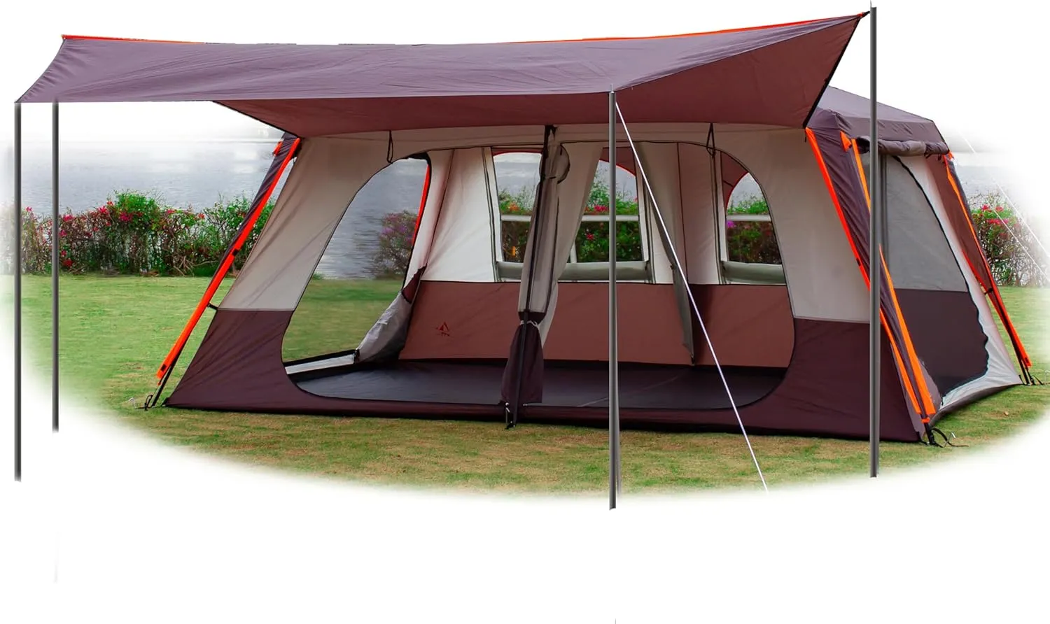 KTT Extra Large Tent 12 Person(A),Awning Family Cabin Tents,2 Rooms,3 Doors and 3 Windows with Mesh,Straight Wall,Waterproof,Double Layer,Big Tent for Outdoor,Picnic,Camping,Family Gathering。
