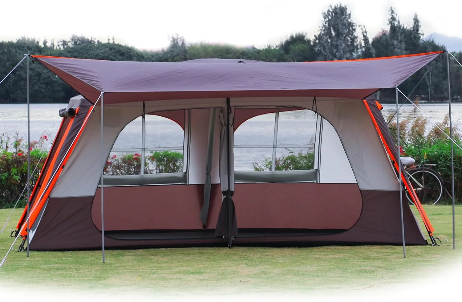 KTT Extra Large Tent 12 Person(A),Awning Family Cabin Tents,2 Rooms,3 Doors and 3 Windows with Mesh,Straight Wall,Waterproof,Double Layer,Big Tent for Outdoor,Picnic,Camping,Family Gathering。