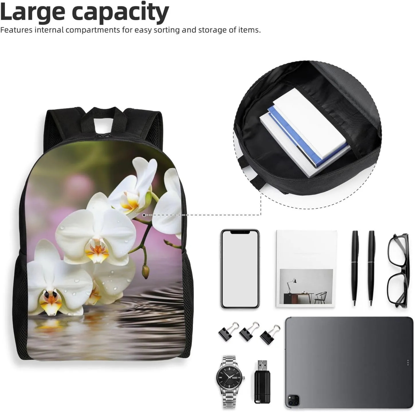 Laptop Backpack for Women Men Carry-on Backpack White Orchid in The Pond Daypack Lightweight Travel Shoulder Bags