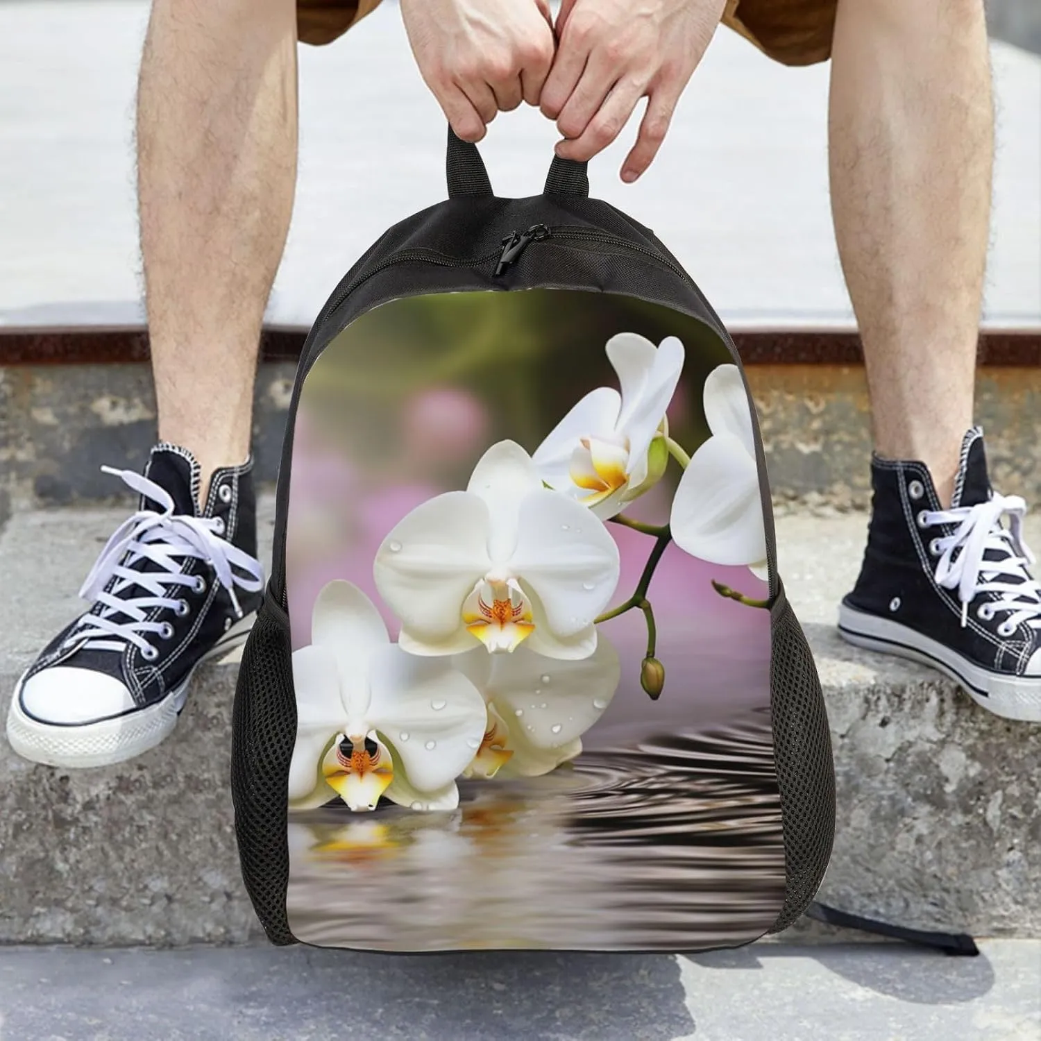 Laptop Backpack for Women Men Carry-on Backpack White Orchid in The Pond Daypack Lightweight Travel Shoulder Bags