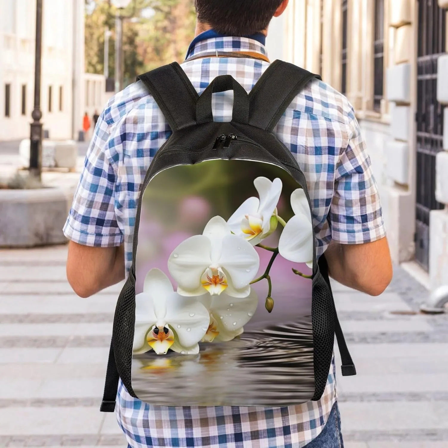 Laptop Backpack for Women Men Carry-on Backpack White Orchid in The Pond Daypack Lightweight Travel Shoulder Bags