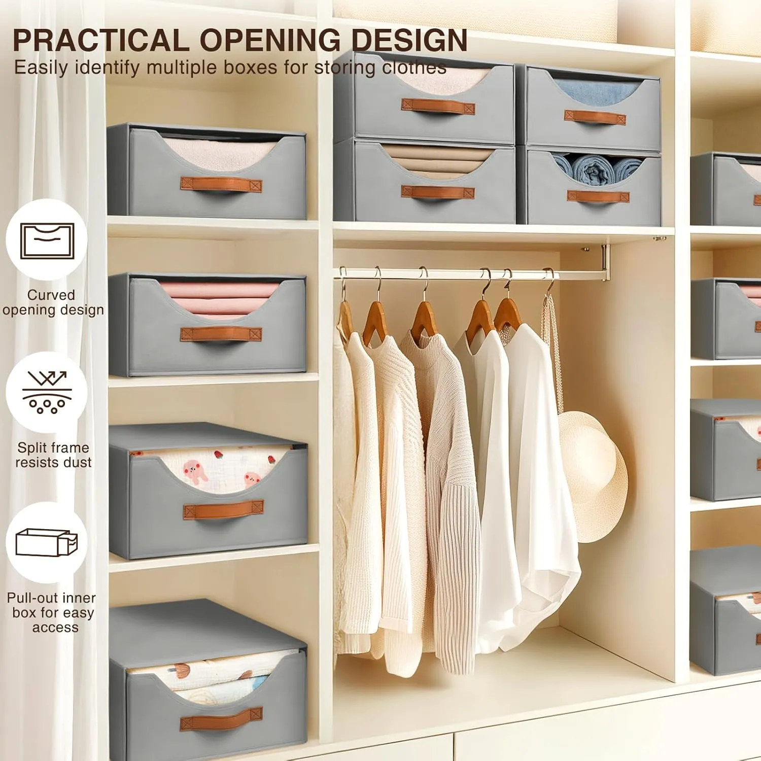 Large Closet Storage Bins with Drawer, Fabric Bins for Organization, Collapsible Storage Drawers Organizer for Bedroom, Living Room, 4 Pack, Grey