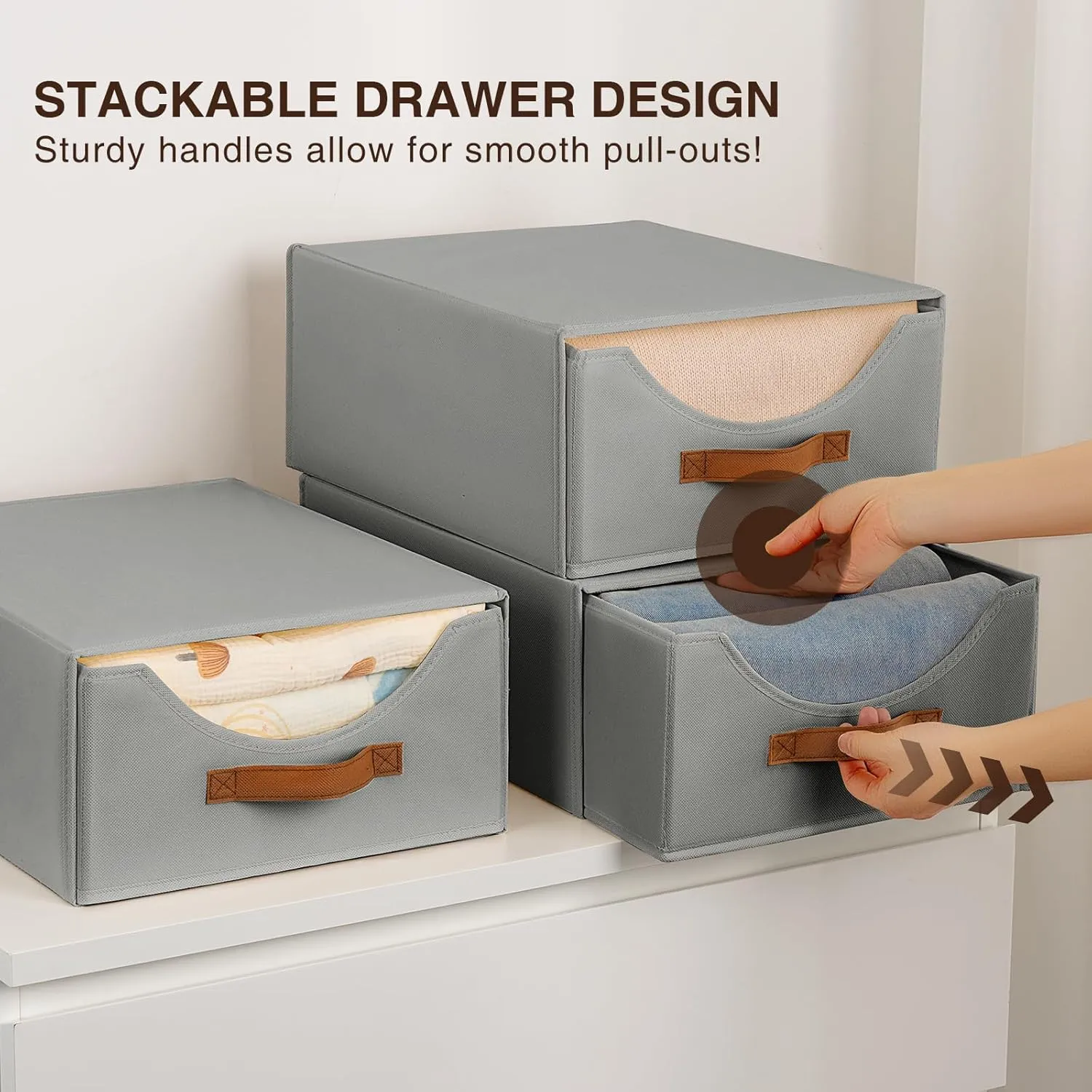 Large Closet Storage Bins with Drawer, Fabric Bins for Organization, Collapsible Storage Drawers Organizer for Bedroom, Living Room, 4 Pack, Grey