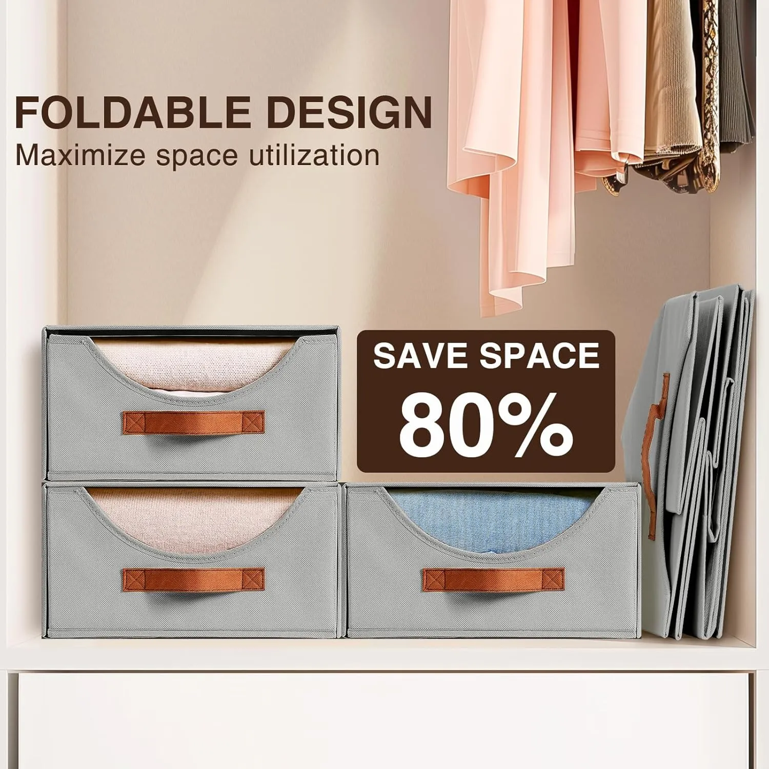 Large Closet Storage Bins with Drawer, Fabric Bins for Organization, Collapsible Storage Drawers Organizer for Bedroom, Living Room, 4 Pack, Grey