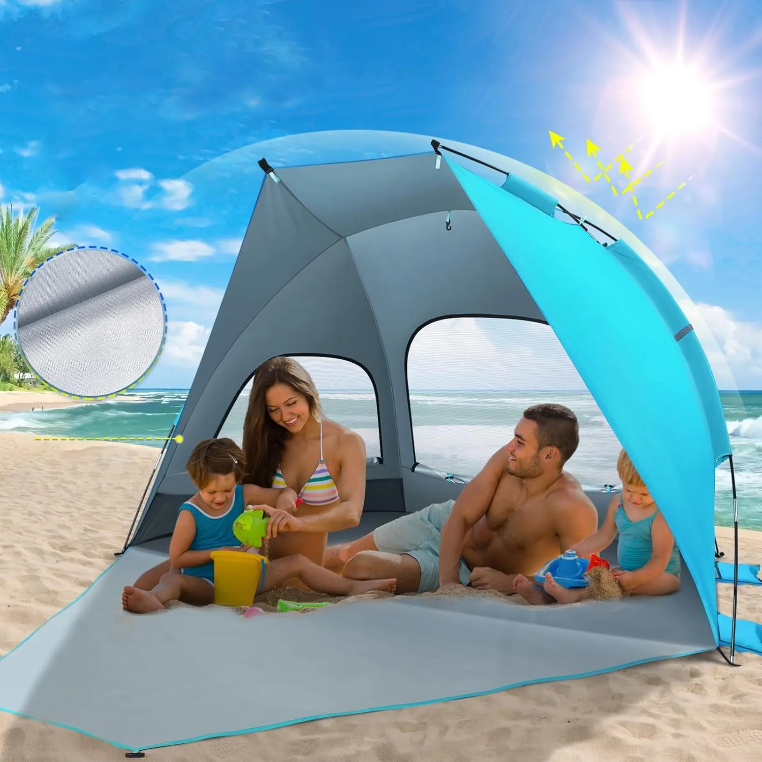 Large Folding Beach Tent Portable Sun Shade Shelter for Family Hiking Camping Light UPF Uv Ventilated Easy Setup Lightweight Accommodates People