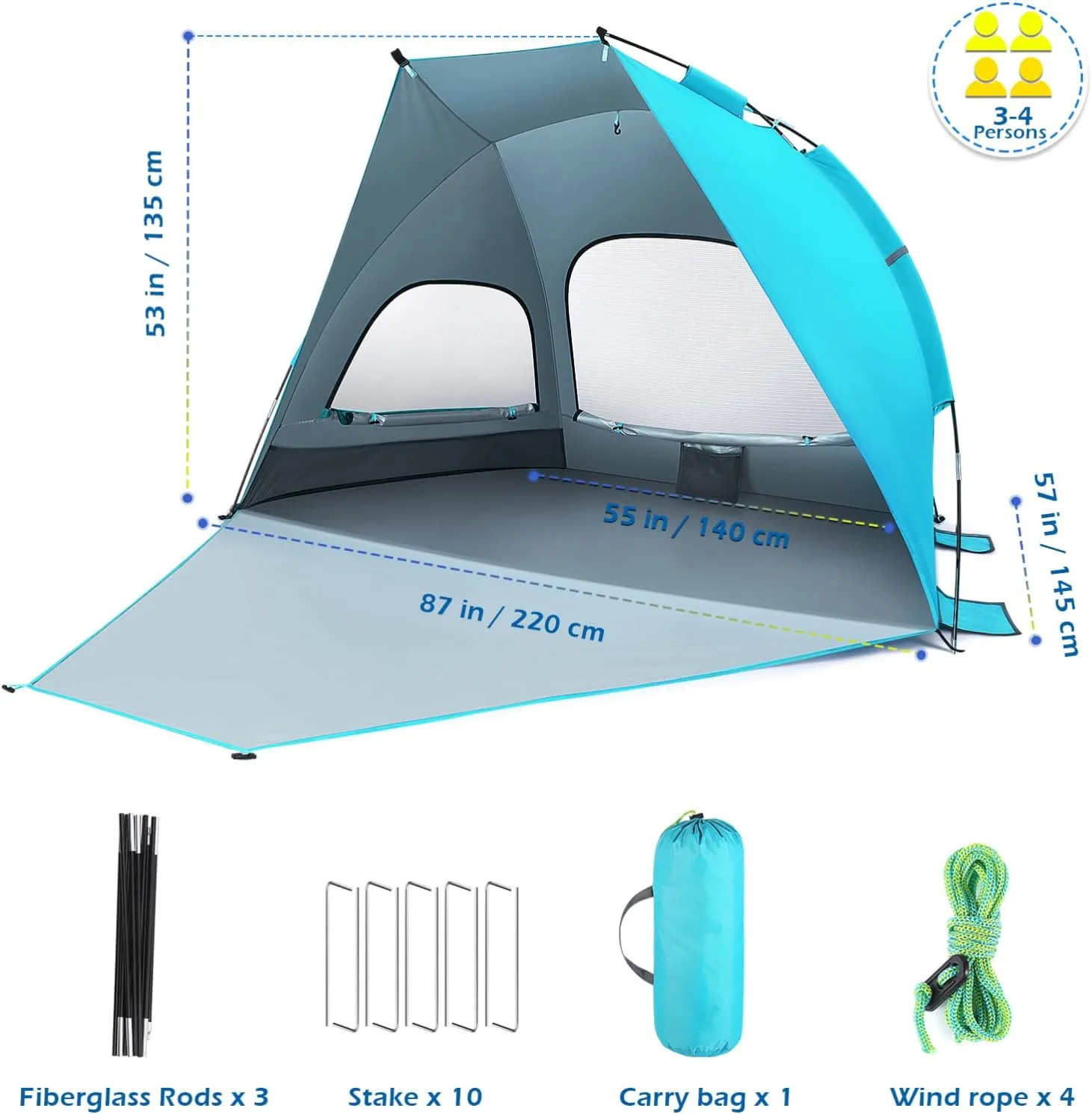 Large Folding Beach Tent Portable Sun Shade Shelter for Family Hiking Camping Light UPF Uv Ventilated Easy Setup Lightweight Accommodates People