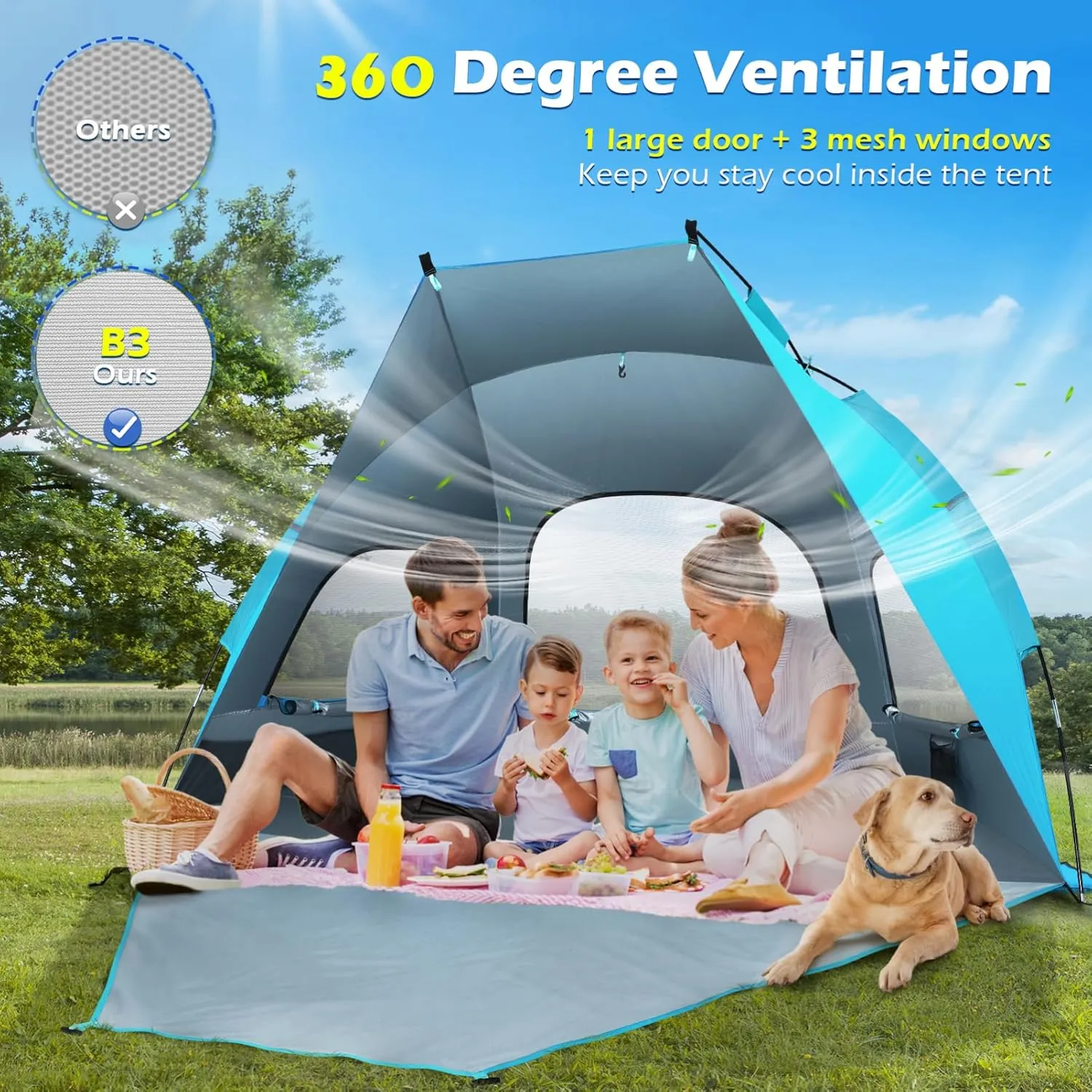 Large Folding Beach Tent Portable Sun Shade Shelter for Family Hiking Camping Light UPF Uv Ventilated Easy Setup Lightweight Accommodates People