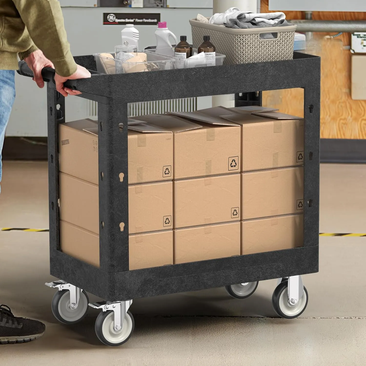 Large Garage Plastic Utility Cart, Heavy Duty 2 Shelf Tool Cart Service Cart Rolling Push Carts with Ergonomic Handle 5" Swivel Casters.