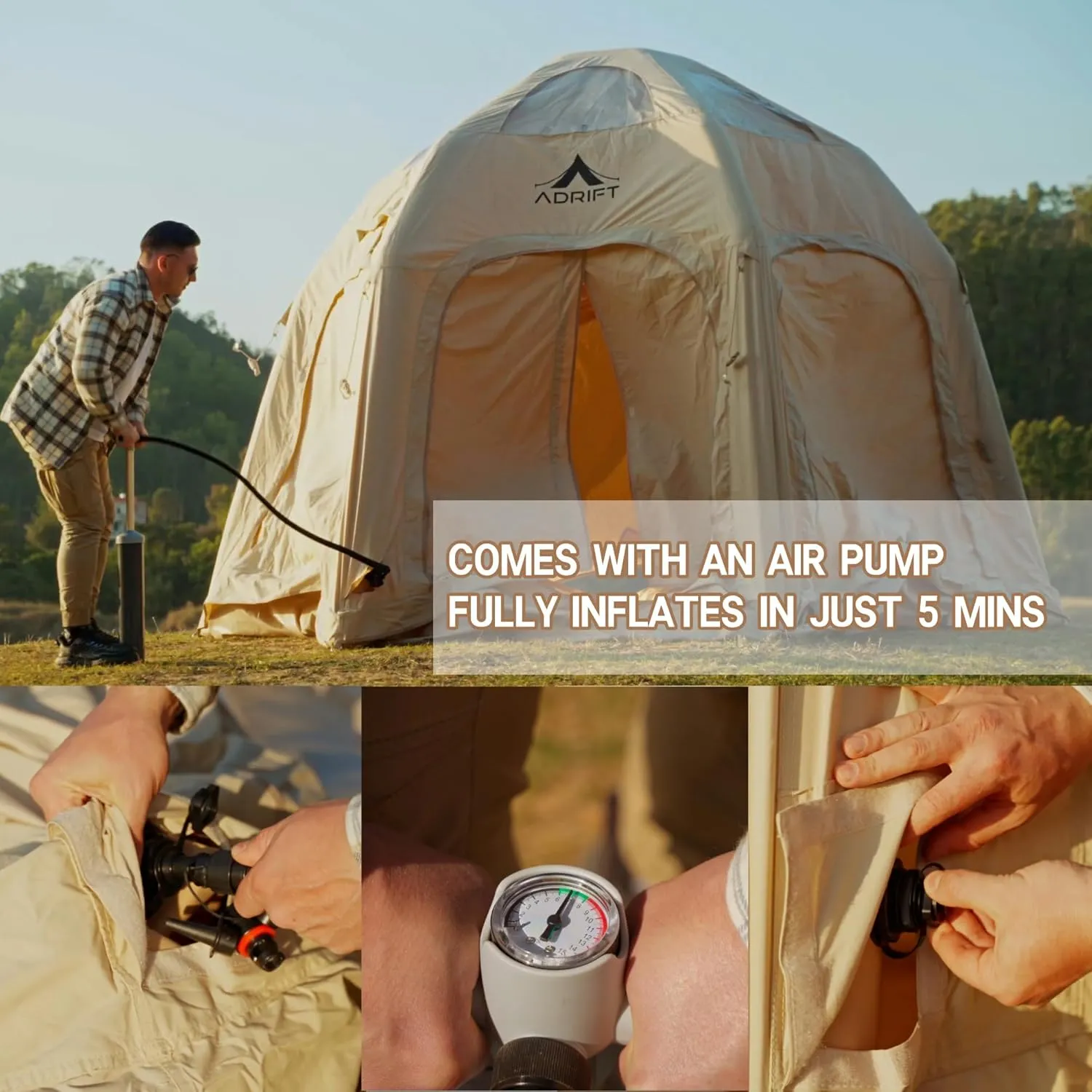 Large Inflatable Tents for Camping, Luxury Canvas Blow up Tent for Adult 2/4/8 Person, Easy Setup Inflatable Dome House Glamping Tents with Pump, 2 Room, Waterproof Hot Tent with Stove Jack