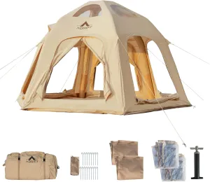 Large Inflatable Tents for Camping, Luxury Canvas Blow up Tent for Adult 2/4/8 Person, Easy Setup Inflatable Dome House Glamping Tents with Pump, 2 Room, Waterproof Hot Tent with Stove Jack