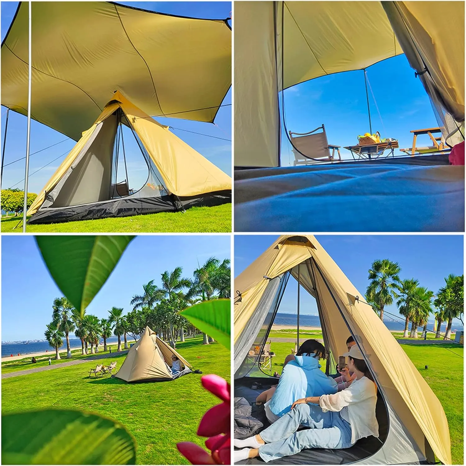 Large Space Pyramid Tipi Tent Ultralight Family Camping Tent Windproof Outdoor Teepee Tent for Adults 4 Person Double Layer Tents
