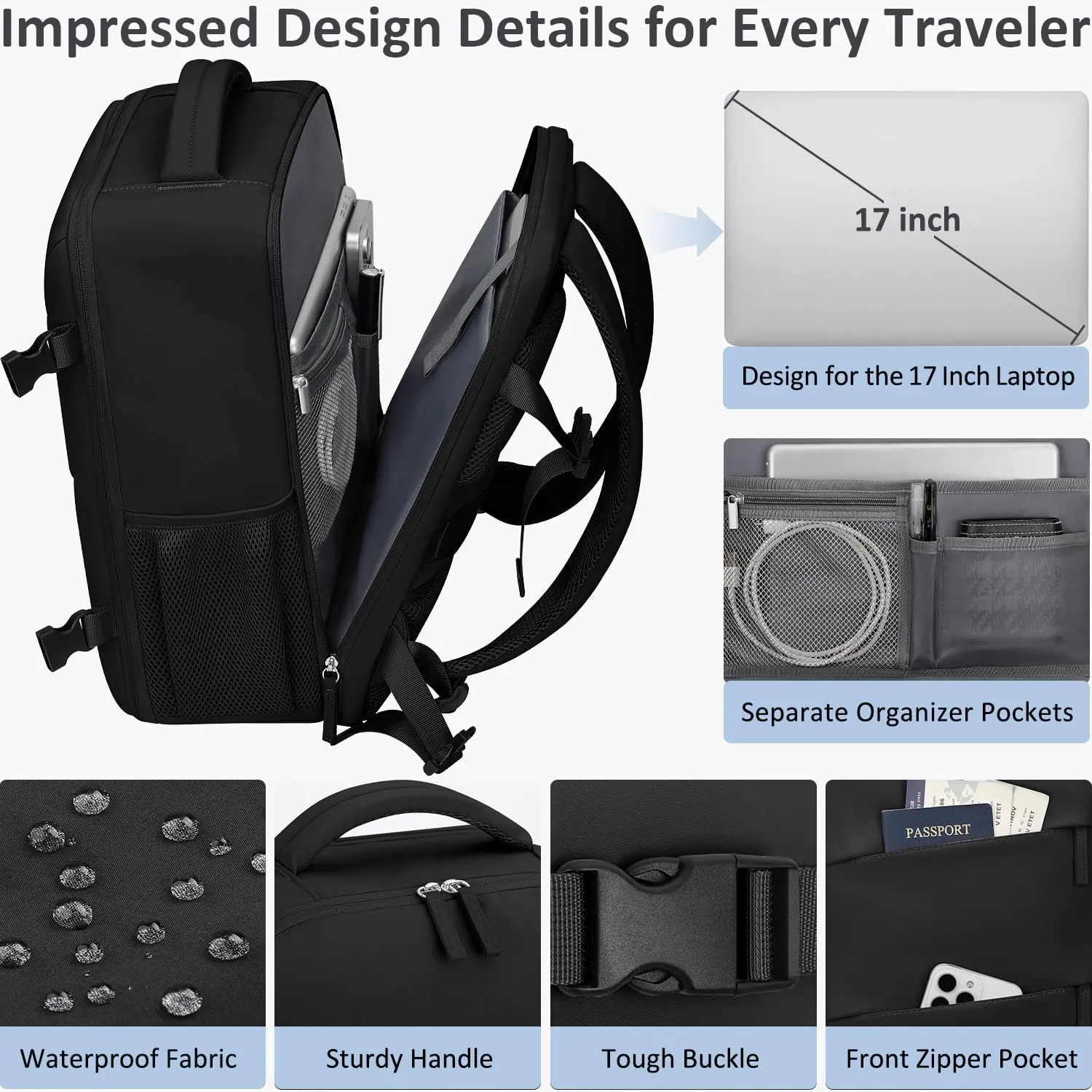 Large Travel Backpack Personal Item Size for Women Men TSA Approved Waterproof 17 Inch Laptop Backpack College Business Work Weekender Hiking Travel Essentials Backpack Black