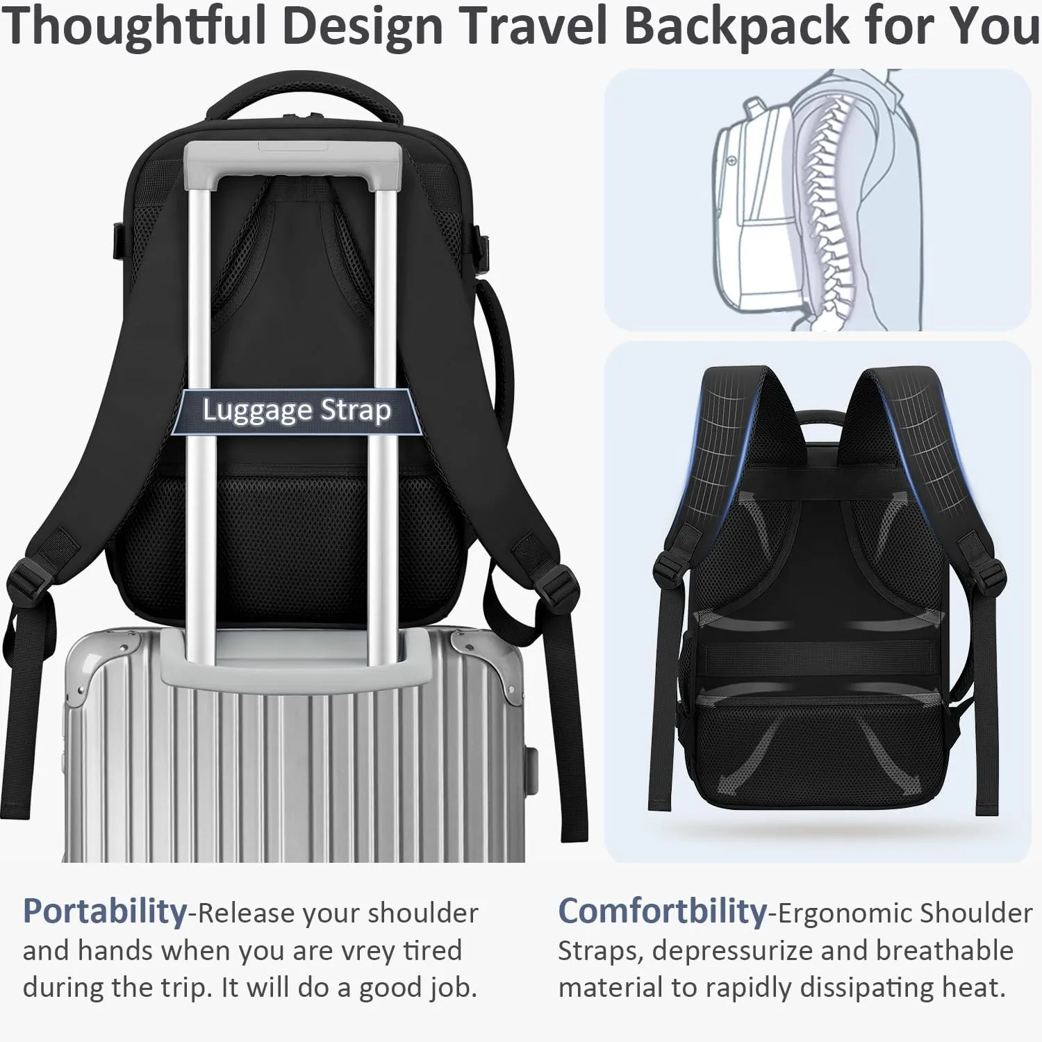 Large Travel Backpack Personal Item Size for Women Men TSA Approved Waterproof 17 Inch Laptop Backpack College Business Work Weekender Hiking Travel Essentials Backpack Black