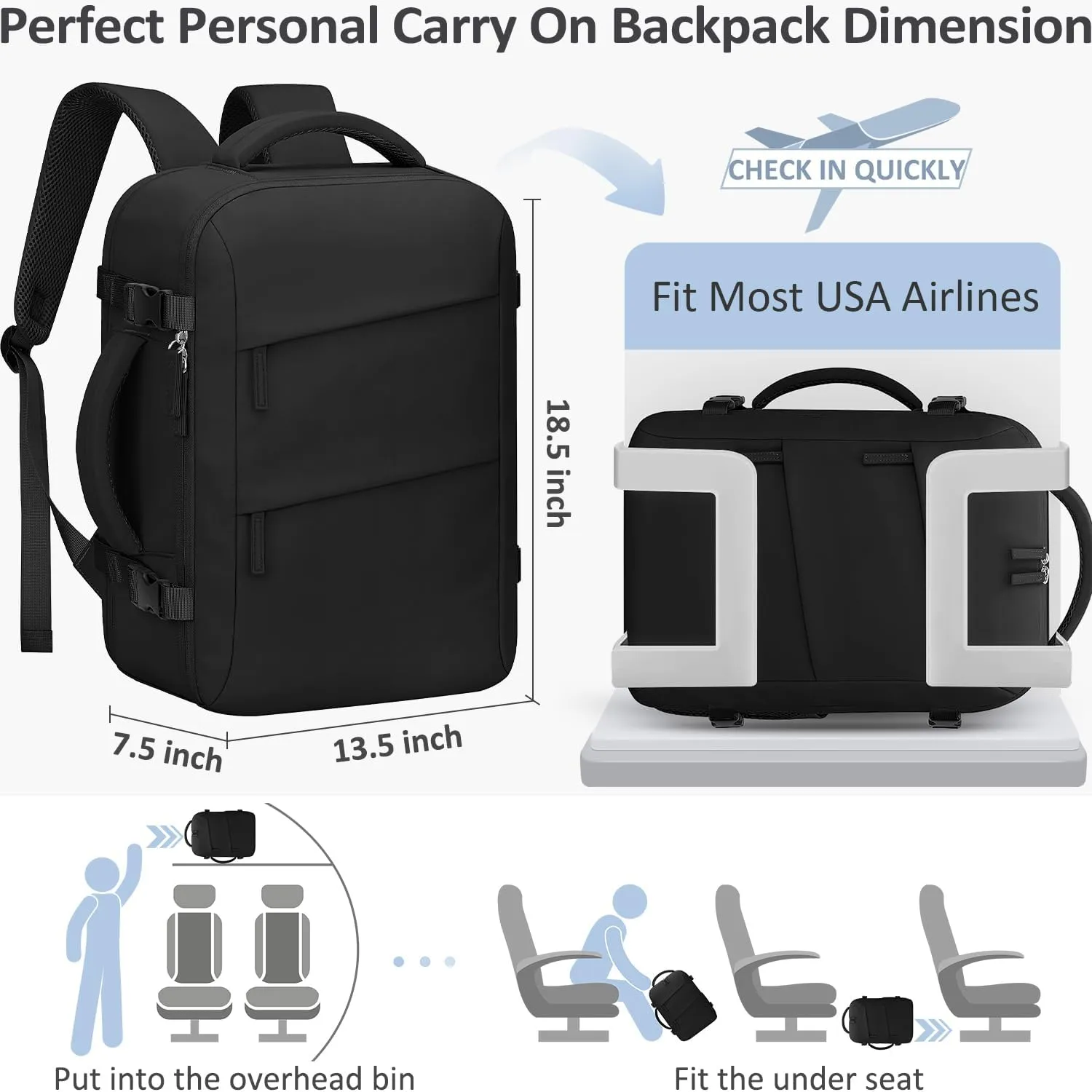 Large Travel Backpack Personal Item Size for Women Men TSA Approved Waterproof 17 Inch Laptop Backpack College Business Work Weekender Hiking Travel Essentials Backpack Black