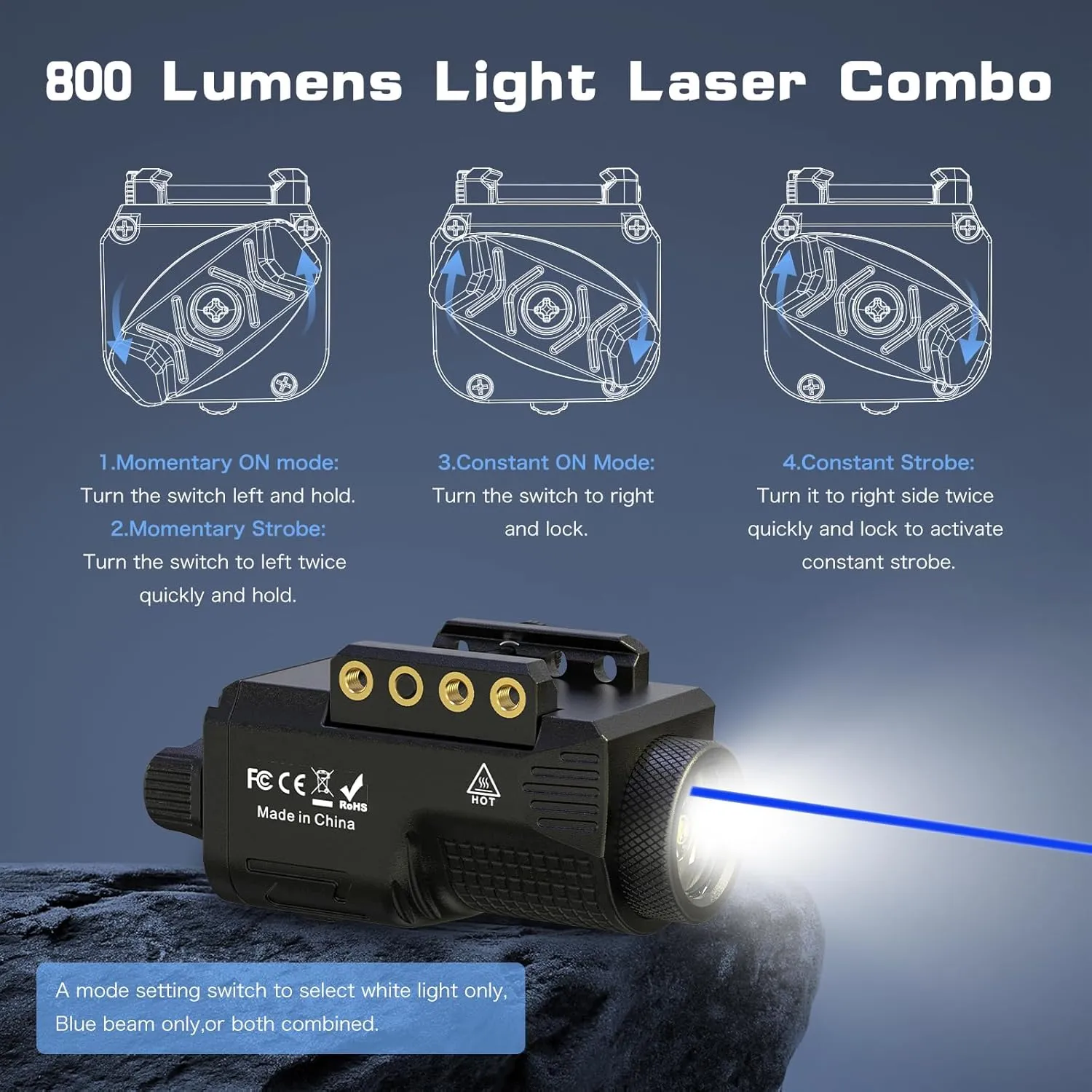Laser Light Combo - 800 Lumens Laser Beam and Flashlight for Pistol Rifle with Picatinny 1913 Rail, Tactical Blue Gun Laser Light Combo, USB C Rechargeable 500mAh Battery