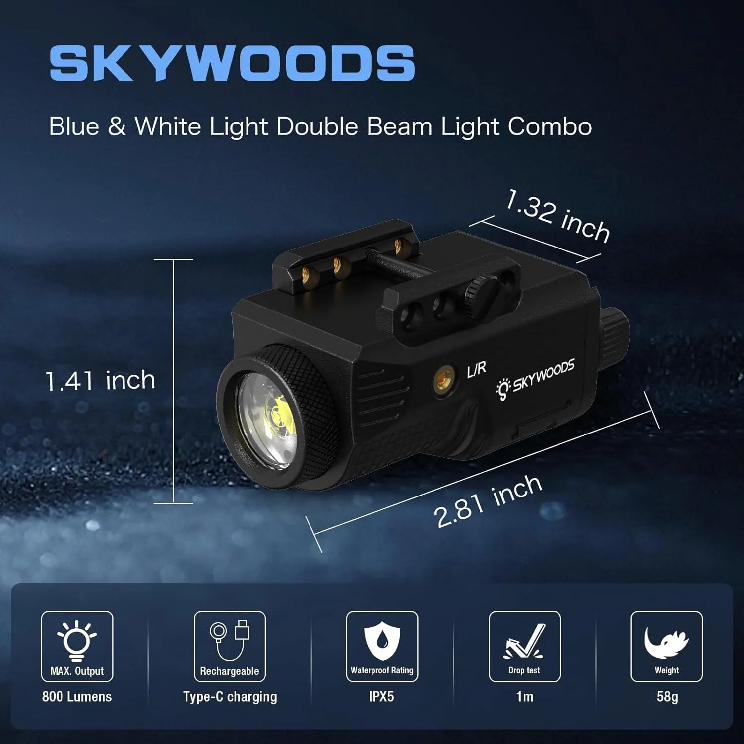 Laser Light Combo - 800 Lumens Laser Beam and Flashlight for Pistol Rifle with Picatinny 1913 Rail, Tactical Blue Gun Laser Light Combo, USB C Rechargeable 500mAh Battery