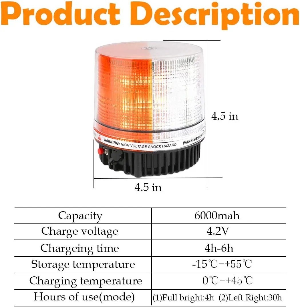 LE-JX Amber/White Wireless Rotating Beacon Orange Battery Led Strobe Warning Light Roof Top Plow Hazard Flash Emergency Lights 12V with Magnetic Base Mount and Rechargeable Plug(Yellow/White, 18 LED)